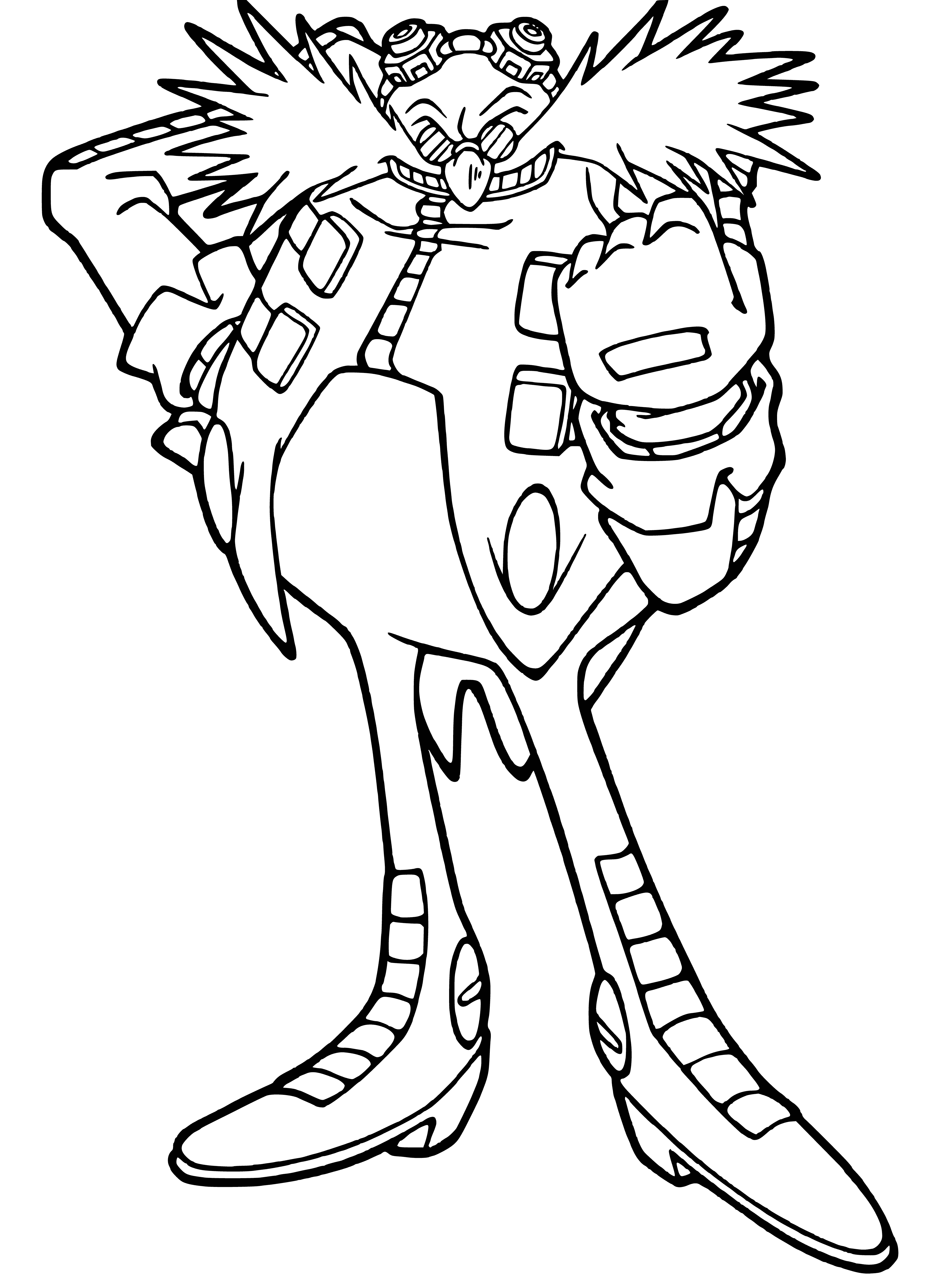 coloring page: Eggman: tall, thin man, large head, long nose, small eyes, bald but has some hair, red & yellow suit, metal machine & metal staff.