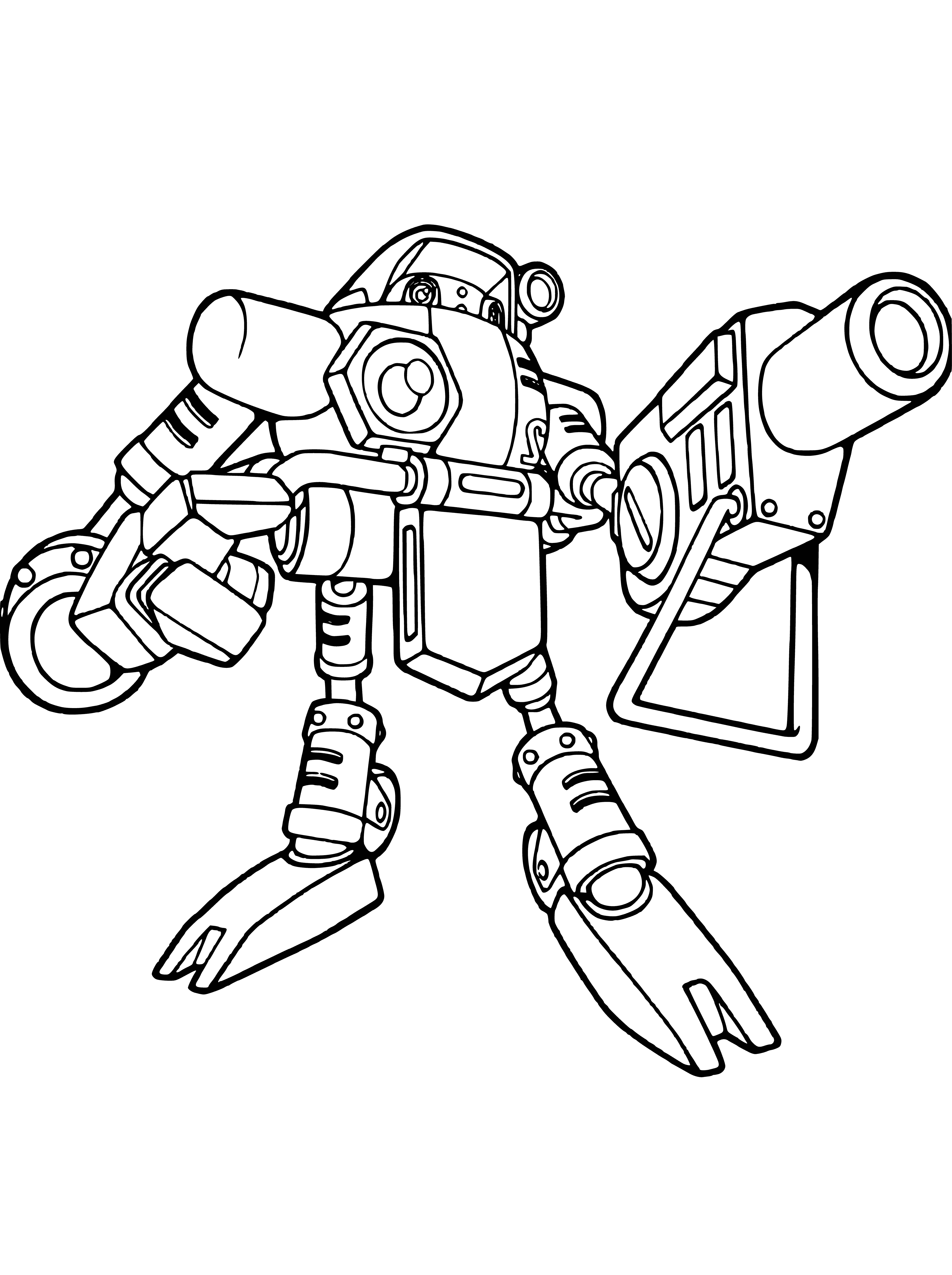 coloring page: Robot with round head, long cylindrical body, red eyes, thin mouth, two arms and purple armor.