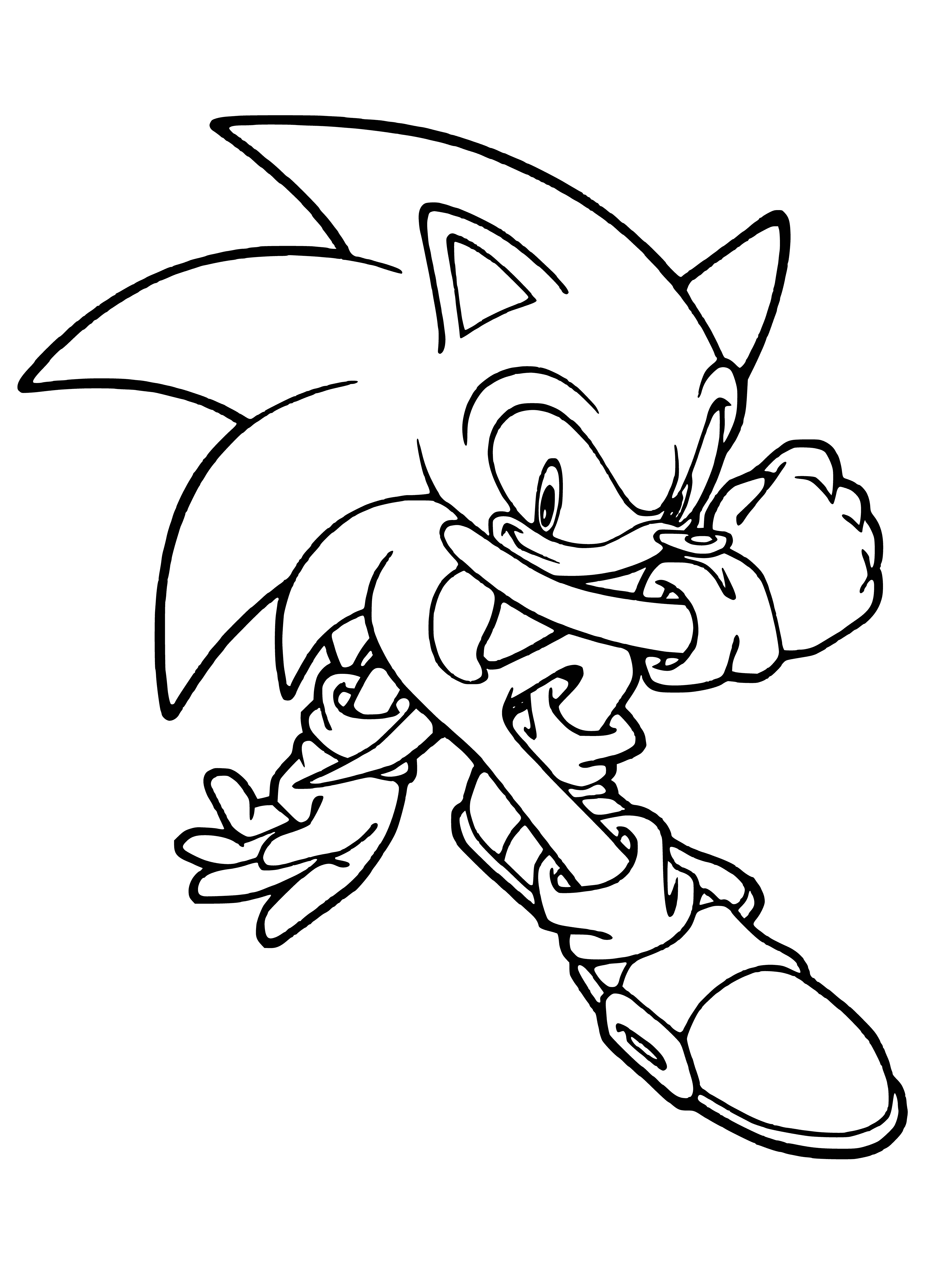 coloring page: Sonic runs across a grassy field with blue sky and white clouds, in blue shirt and red shoes with a determined expression.