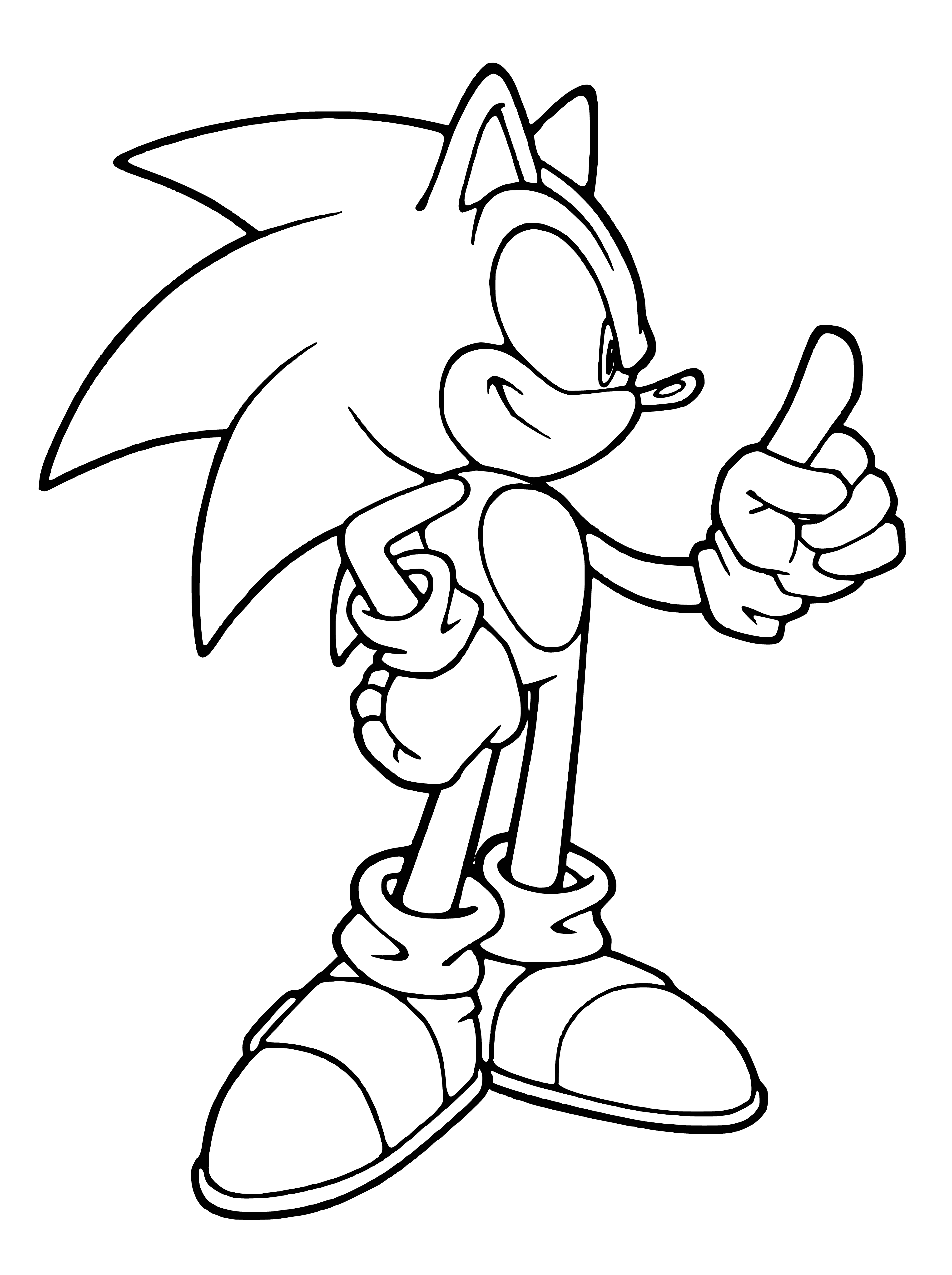 coloring page: Sonic X is a blue hedgehog with open mouth & white teeth, wearing red shoes & gold ring running with right arm outstretched.