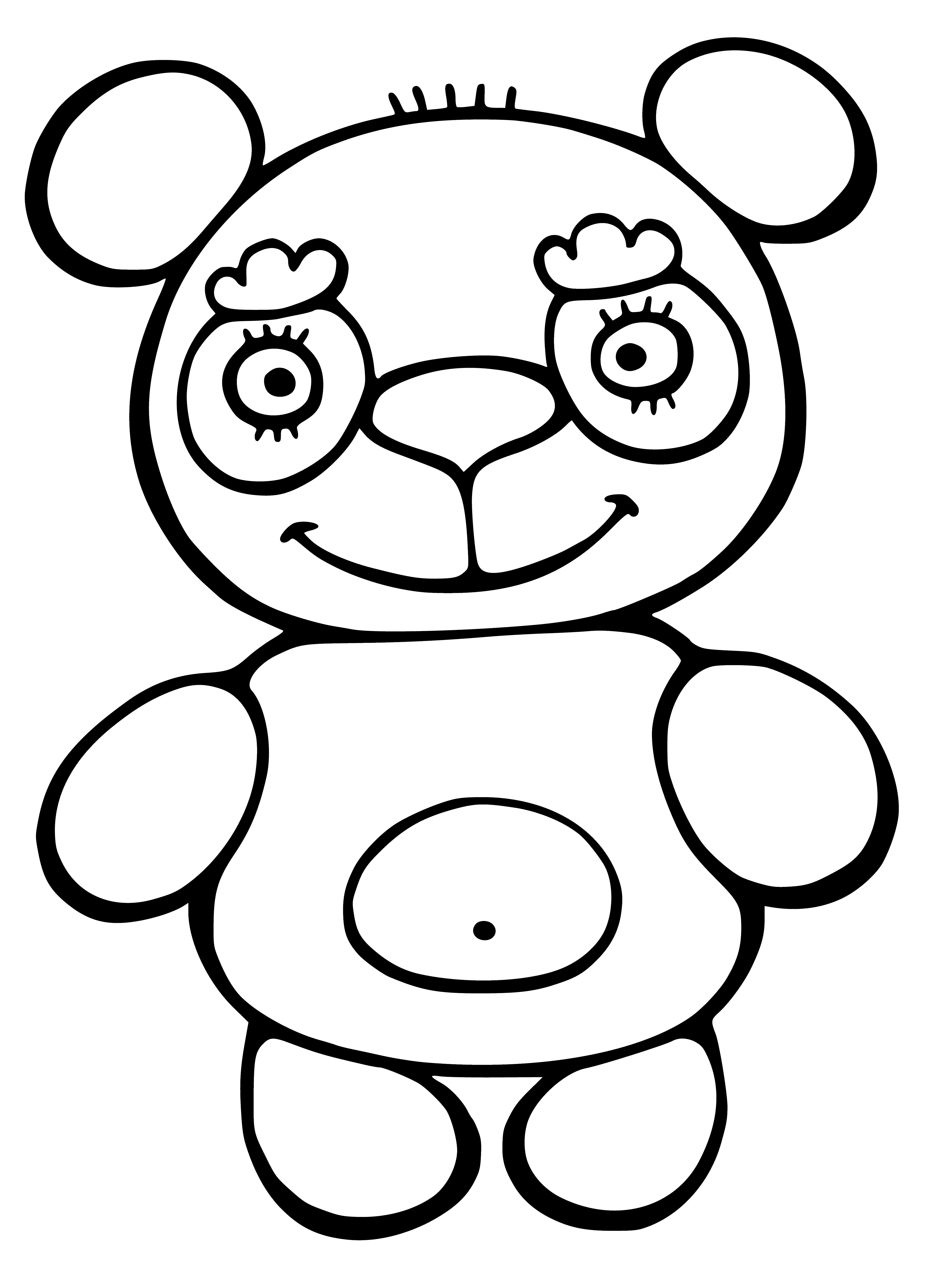 coloring page: A large brown bear stands on all fours in a forest, sharp teeth bared and shaggy fur thick. Eyes small, head turned to the side.