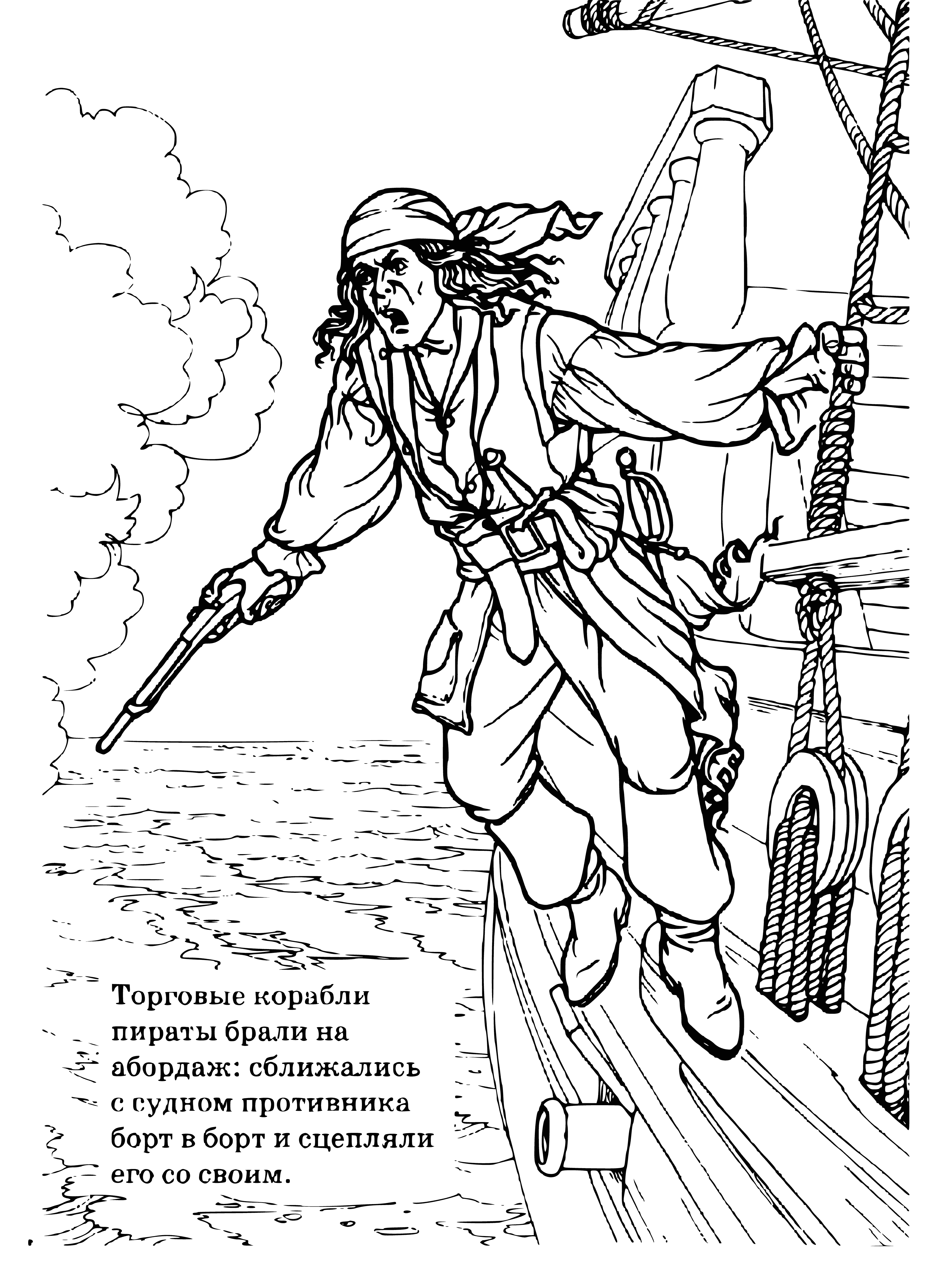 coloring page: Pirates gather on ship, armed with swords, pistols, knives and bandanas. All look mean and tough. #pirates #ships