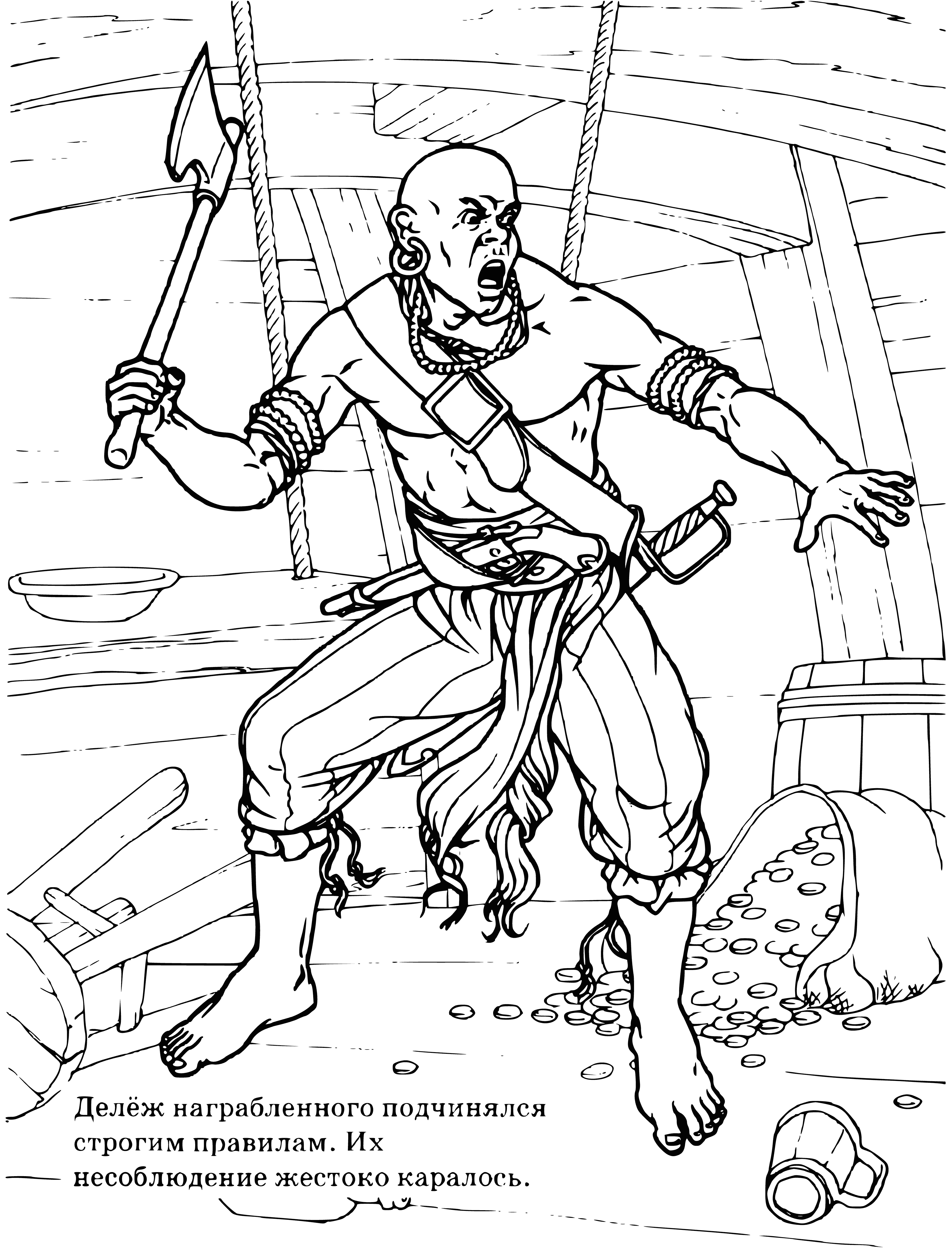 coloring page: The pirate wears an eye patch, has a peg leg and a scar on his cheek. He has a beard, bandana, and an earring with a knife in its belt.