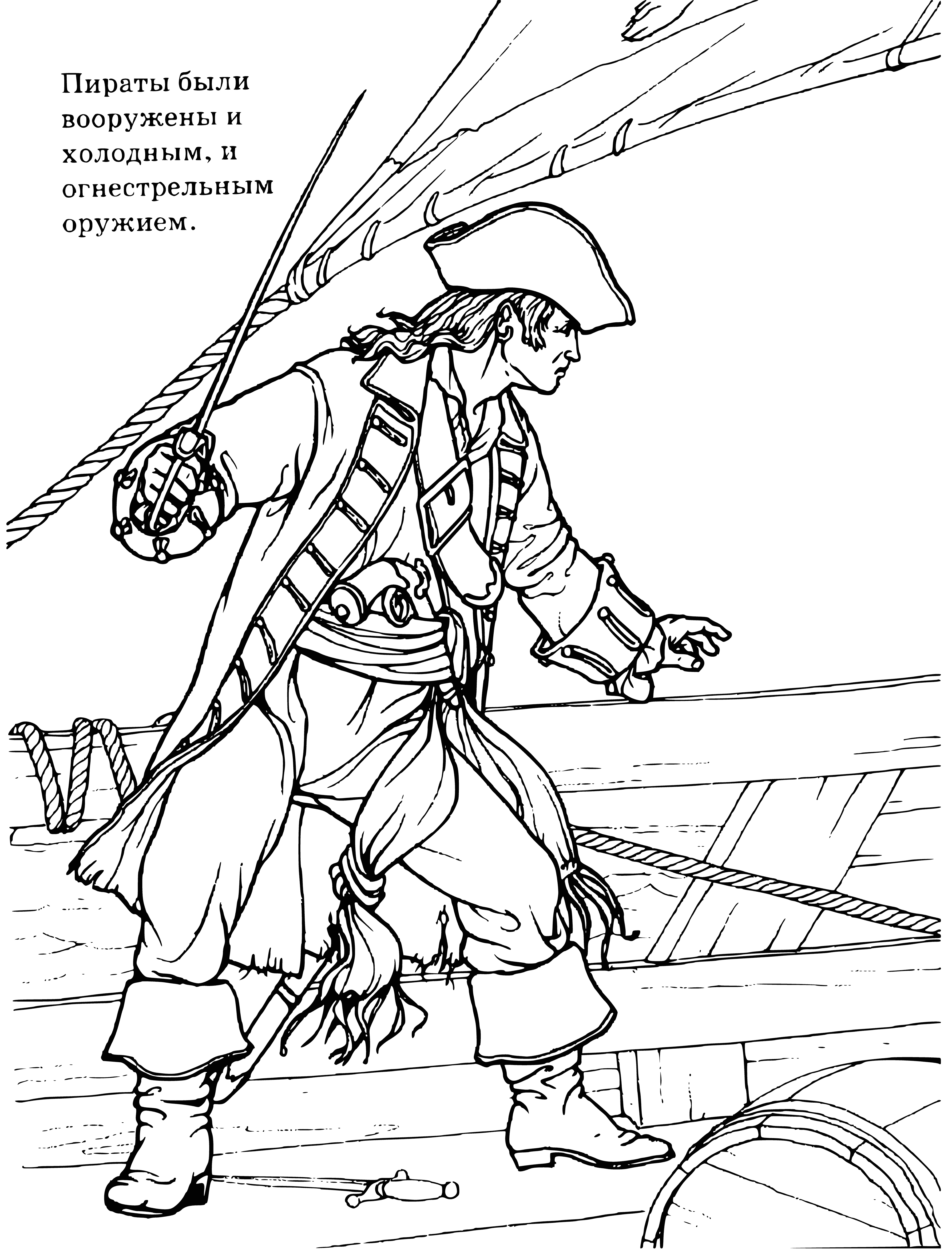 coloring page: Men on ship fire cannon at sail of other ship to slow it down, making it hard to see with smoke of cannons. Men on deck work hard to reload.