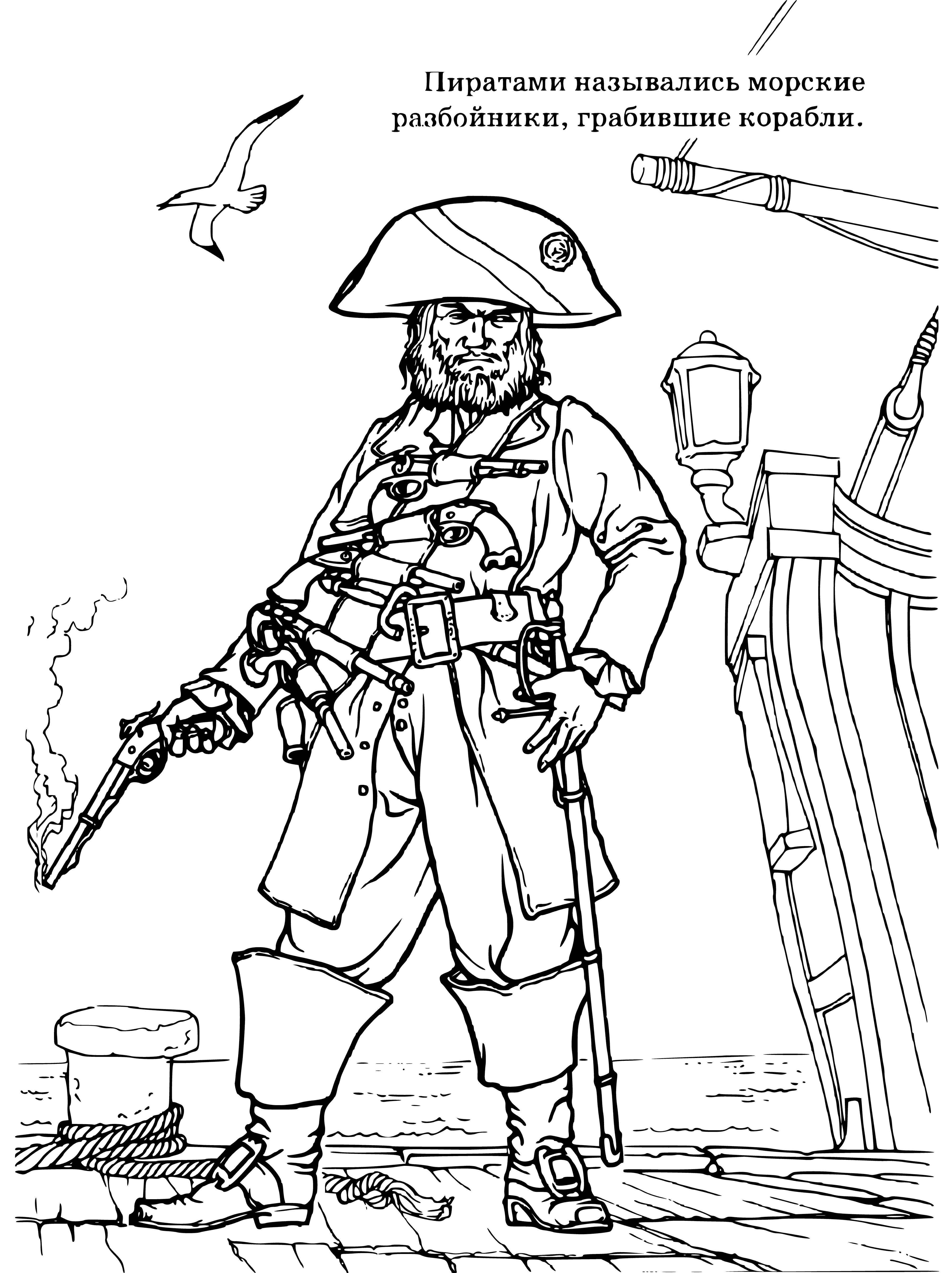 coloring page: Group of men stand on deck of ship in uniforms, some with guns. Flag flying; large cannon visible.