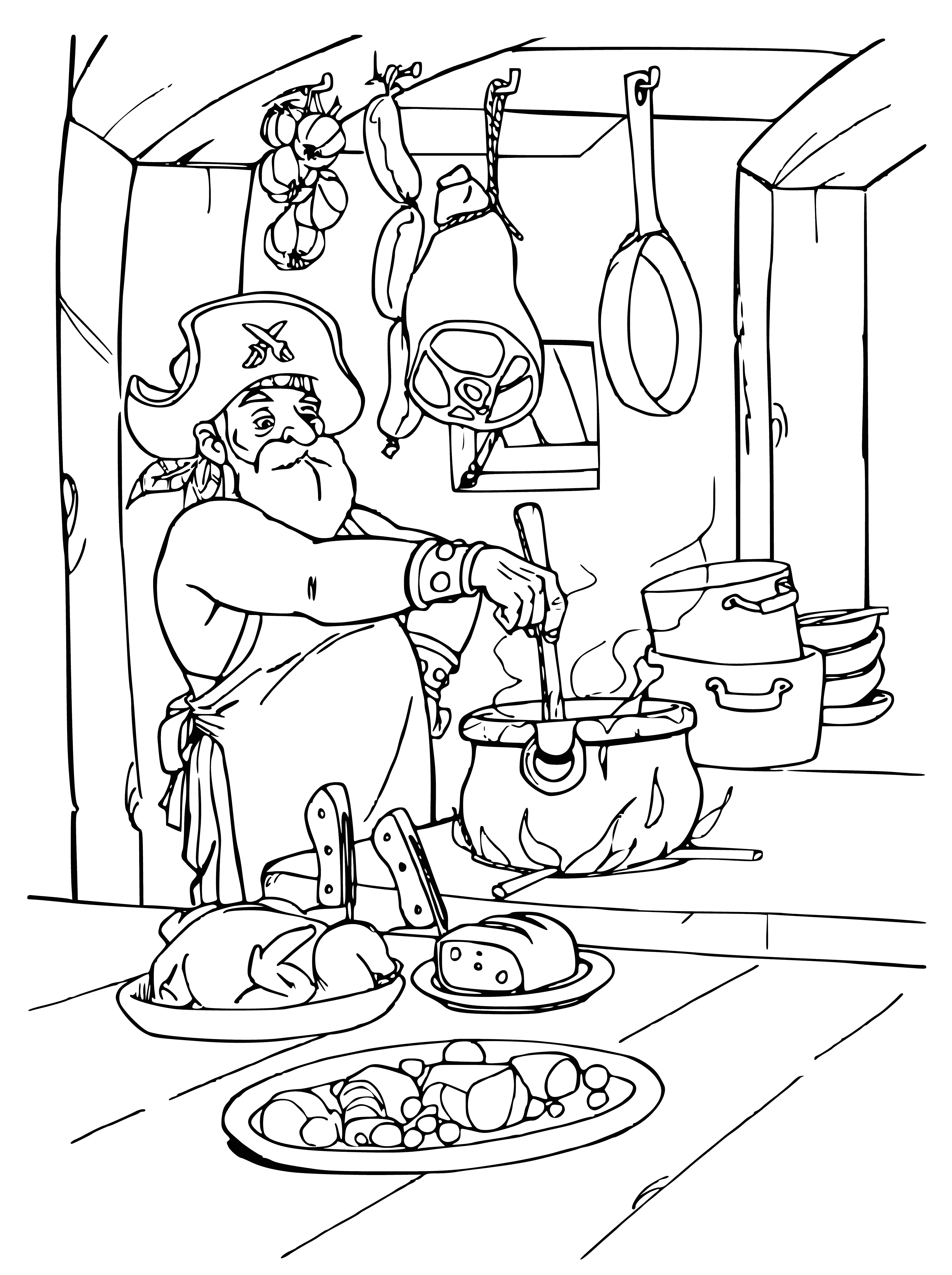 coloring page: Pirates gathered around cockfighting pit; betting on rooster with metal claws strapped to feet.