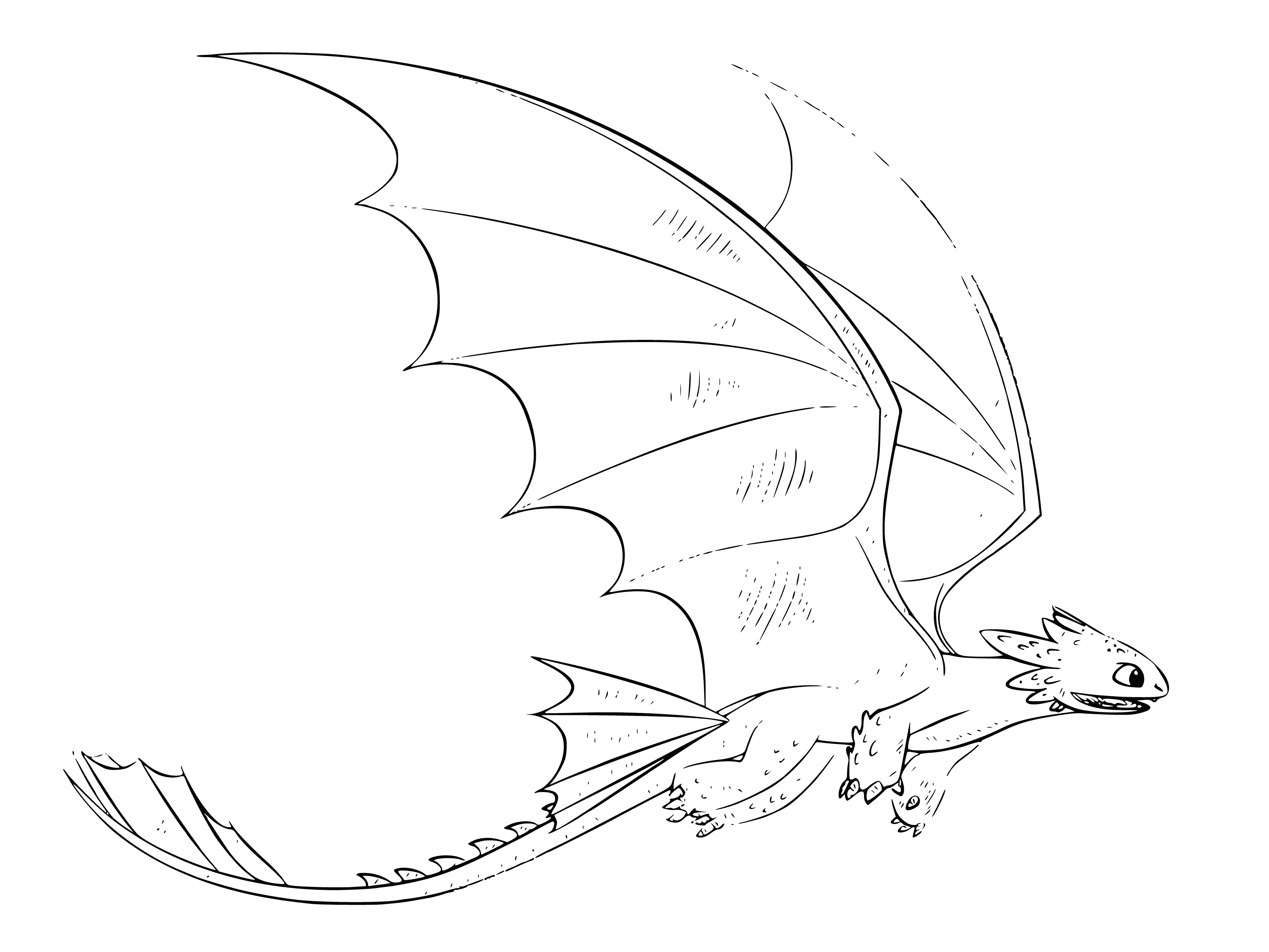 coloring page: Dragon with black scales & blue eyes flying above body of water, wings spread, revealing sharp teeth.
