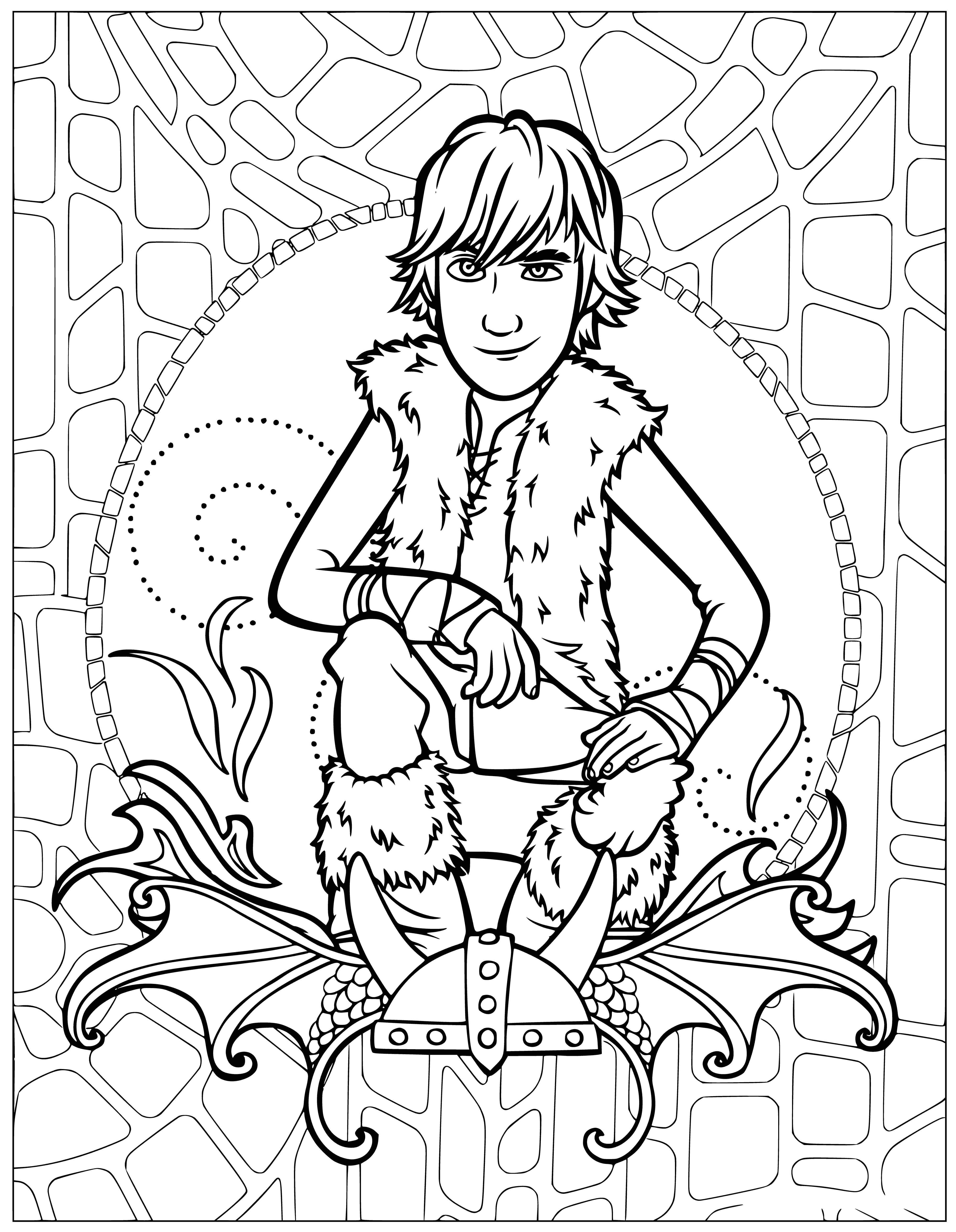 coloring page: Teenage Hiccup stands on a rocky ledge, admiring dragons in the distance with a knife and belt at his waist.