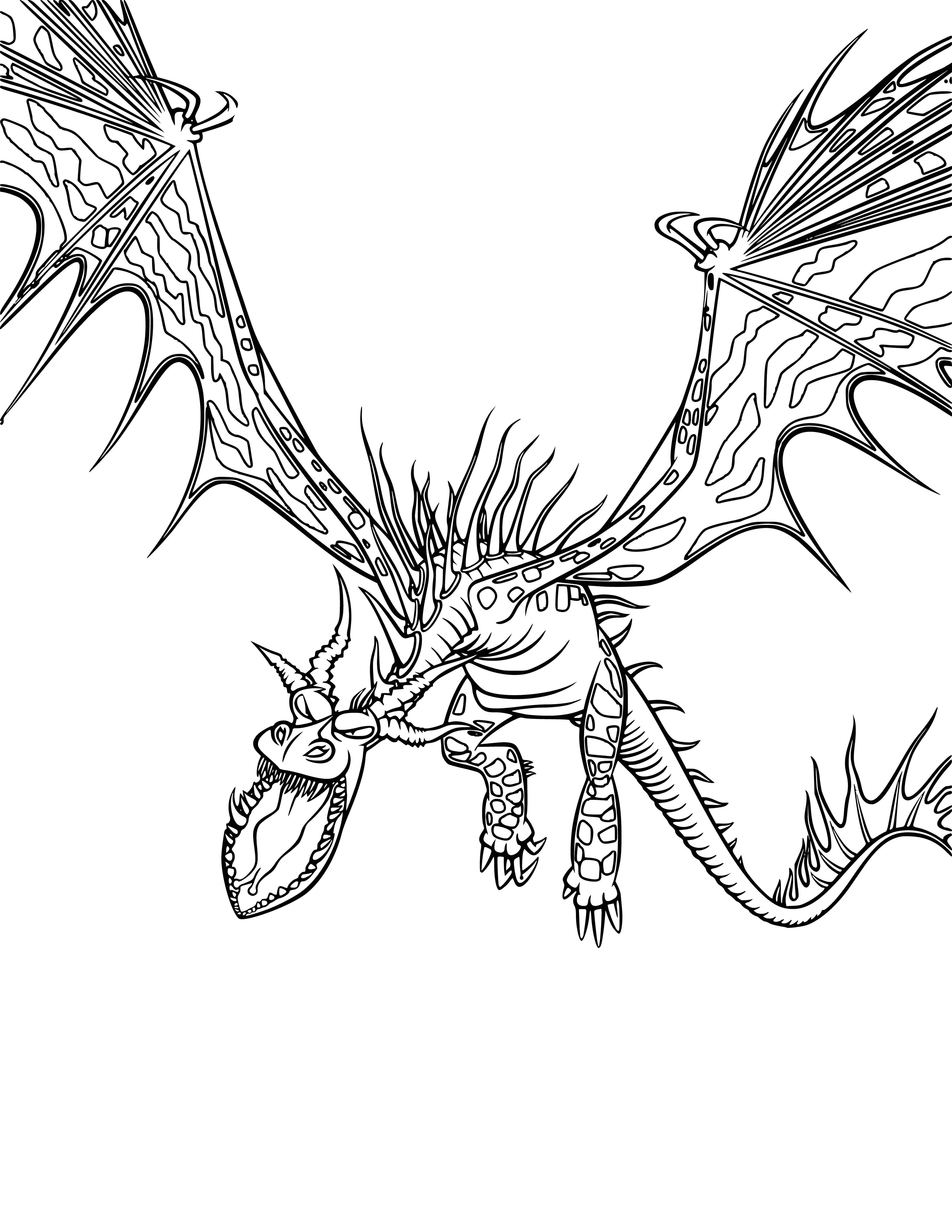 coloring page: Dragon rider breathes fire on city from atop blue dragon with deadly wings and teeth.