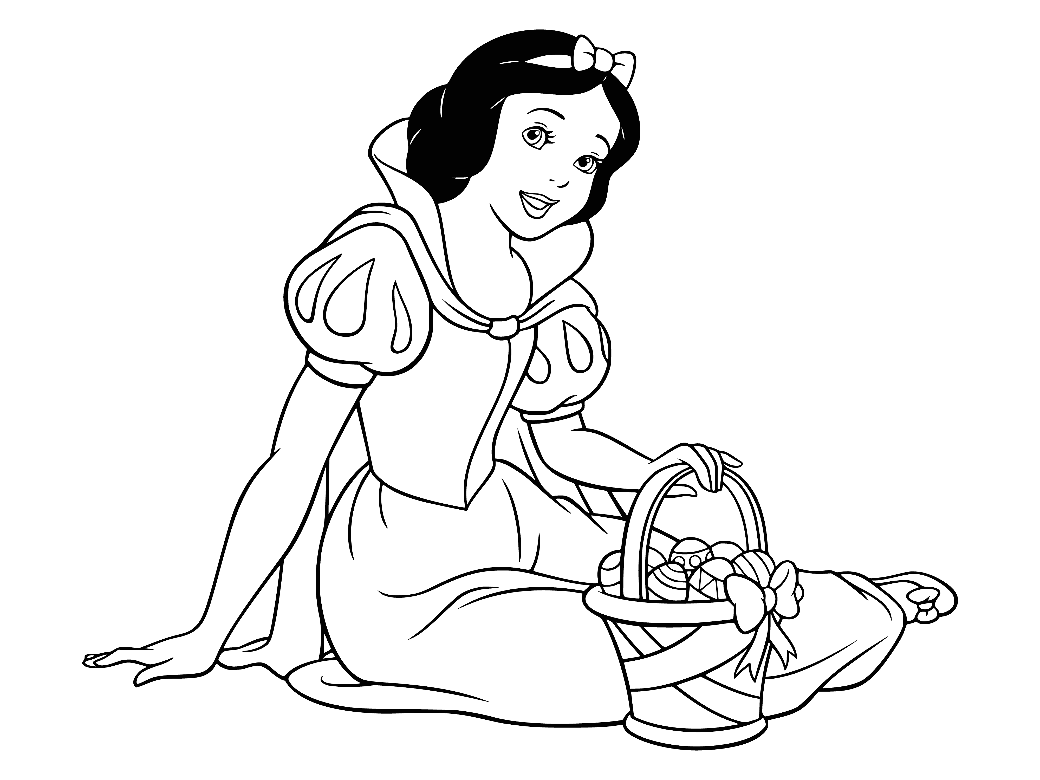 coloring page: Snow White holds Easter eggs & wears blue dress w/ white collar. She looks content & enjoys the bright, hand-painted eggs.