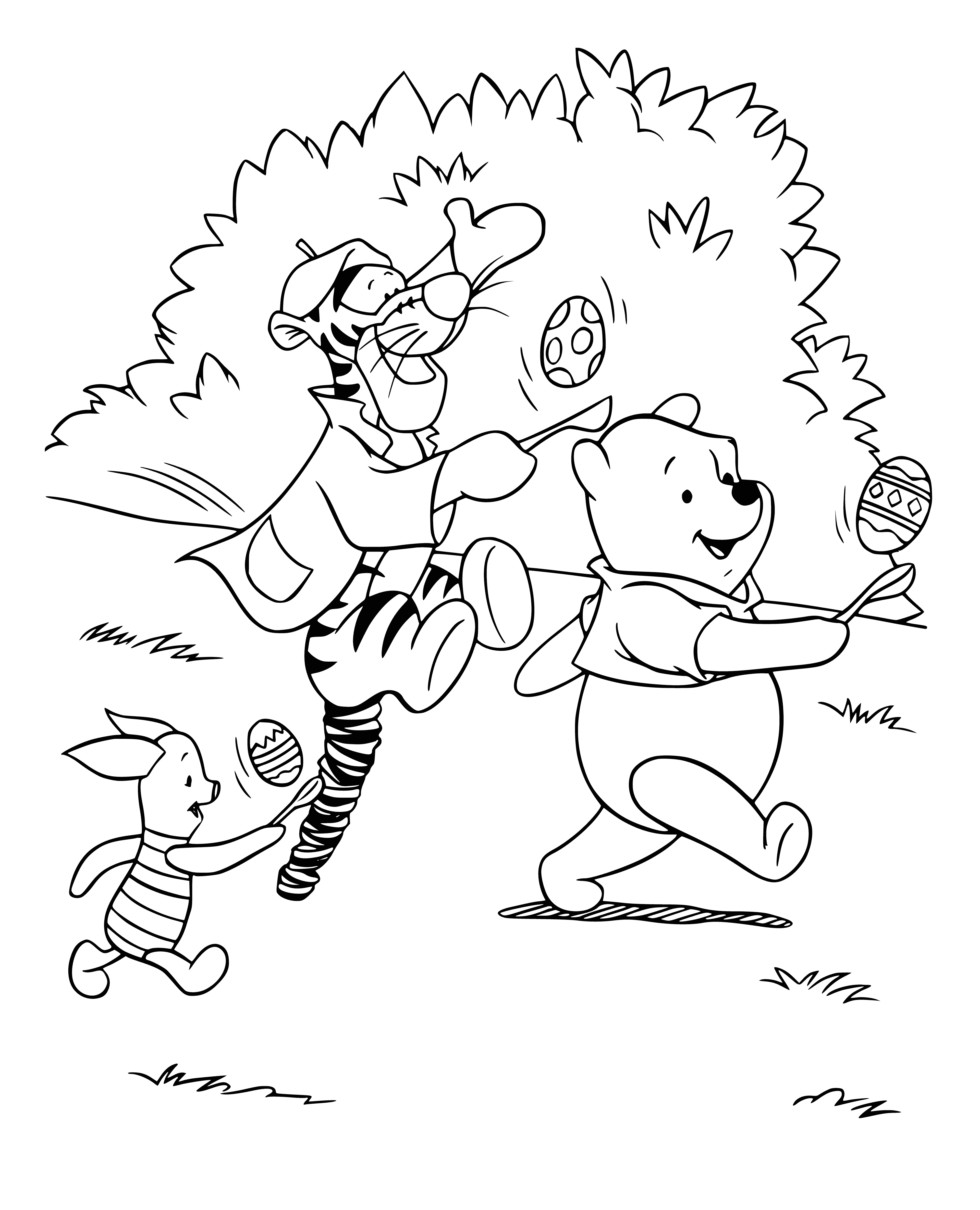 coloring page: Tigger, Piglet & Pooh in a field w/ Easter baskets & egg. Hill & trees in the bg. Grass is green, flowers blooming.