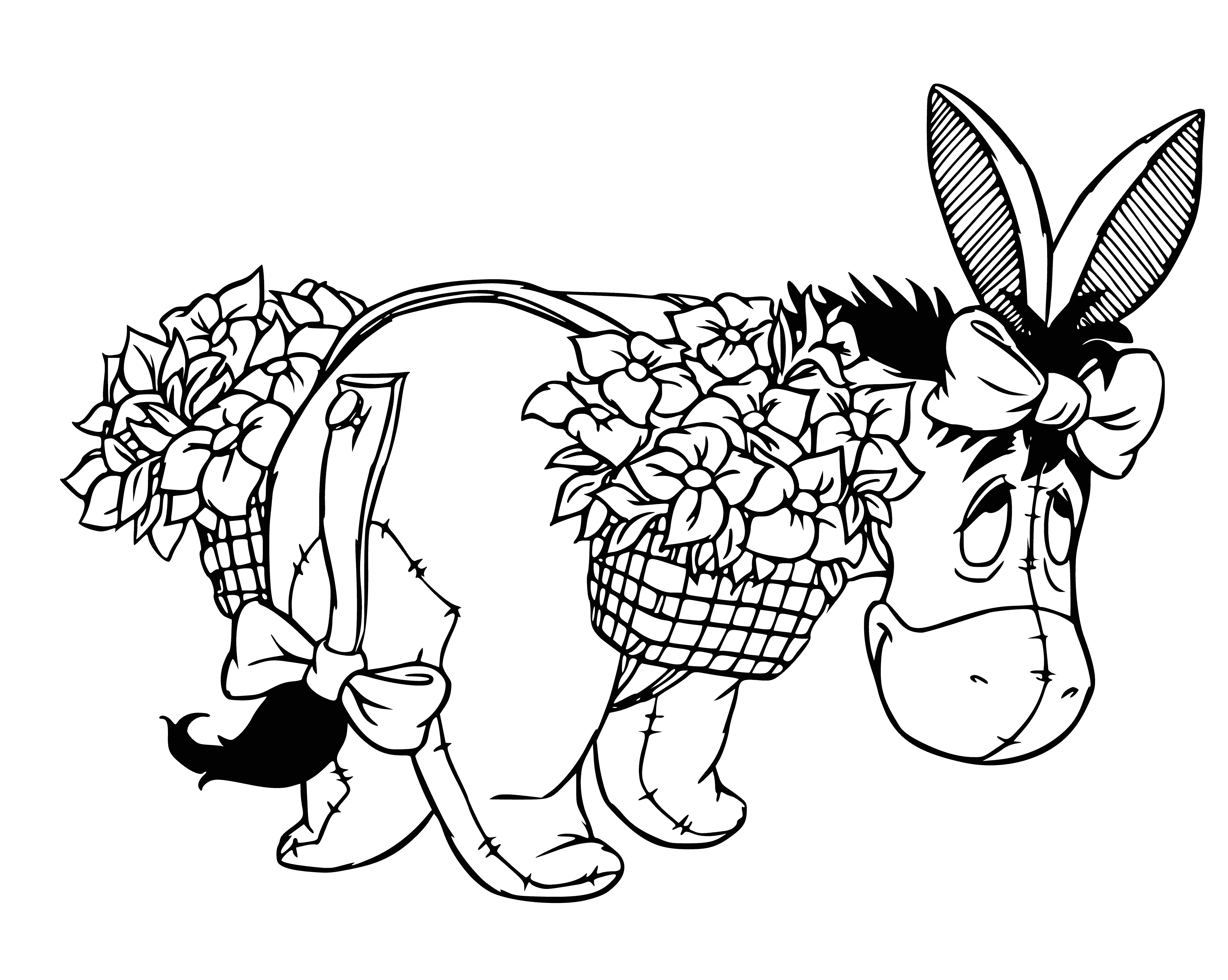 coloring page: Donkey happily eats carrots wearing Easter bunny costume: fur suit, fluffy tail, ears, pink nose and grass.
