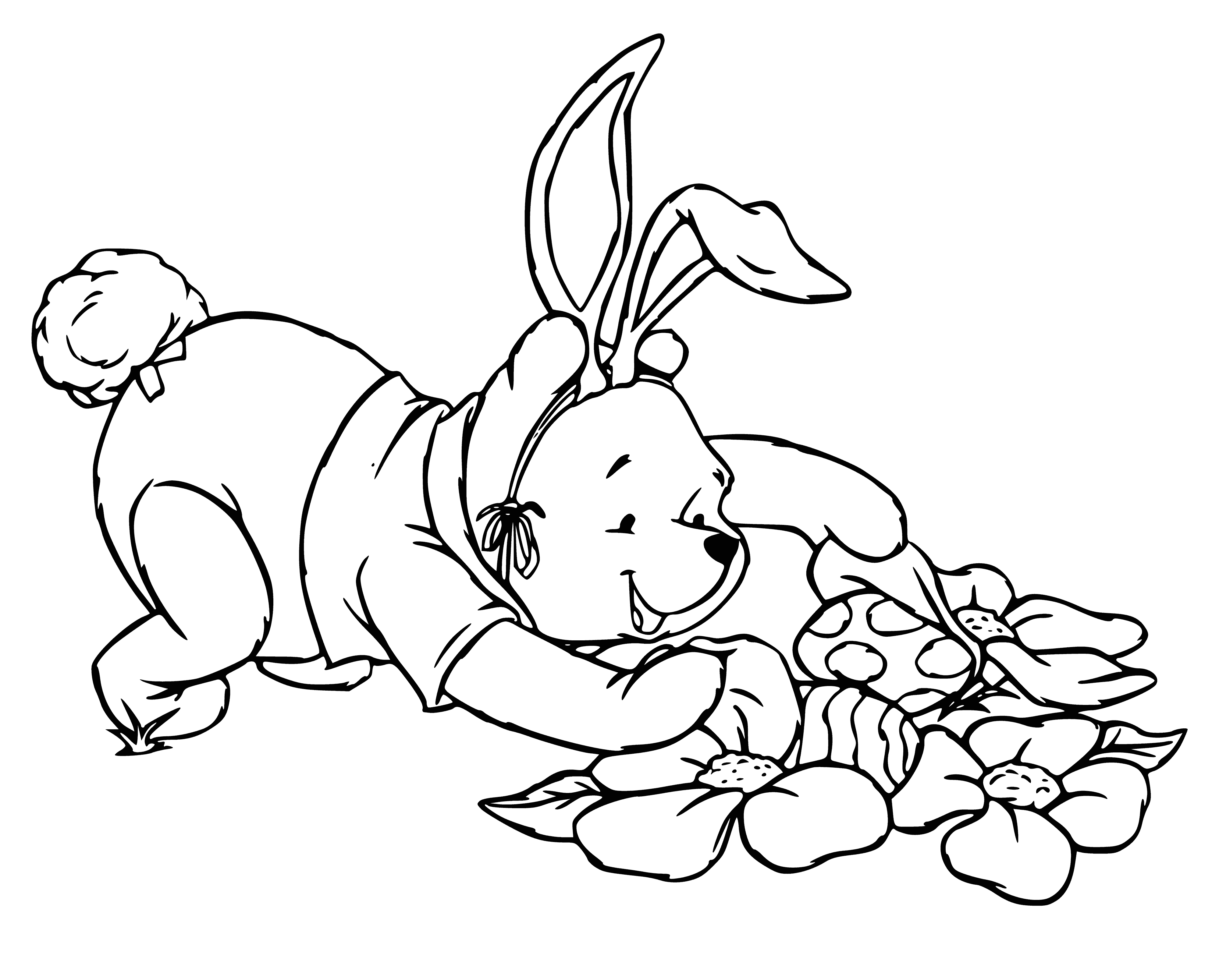coloring page: Winnie the Pooh dressed as Easter bunny with white rabbit & bluebird, holding eggs & in meadow w/ blooming flowers.