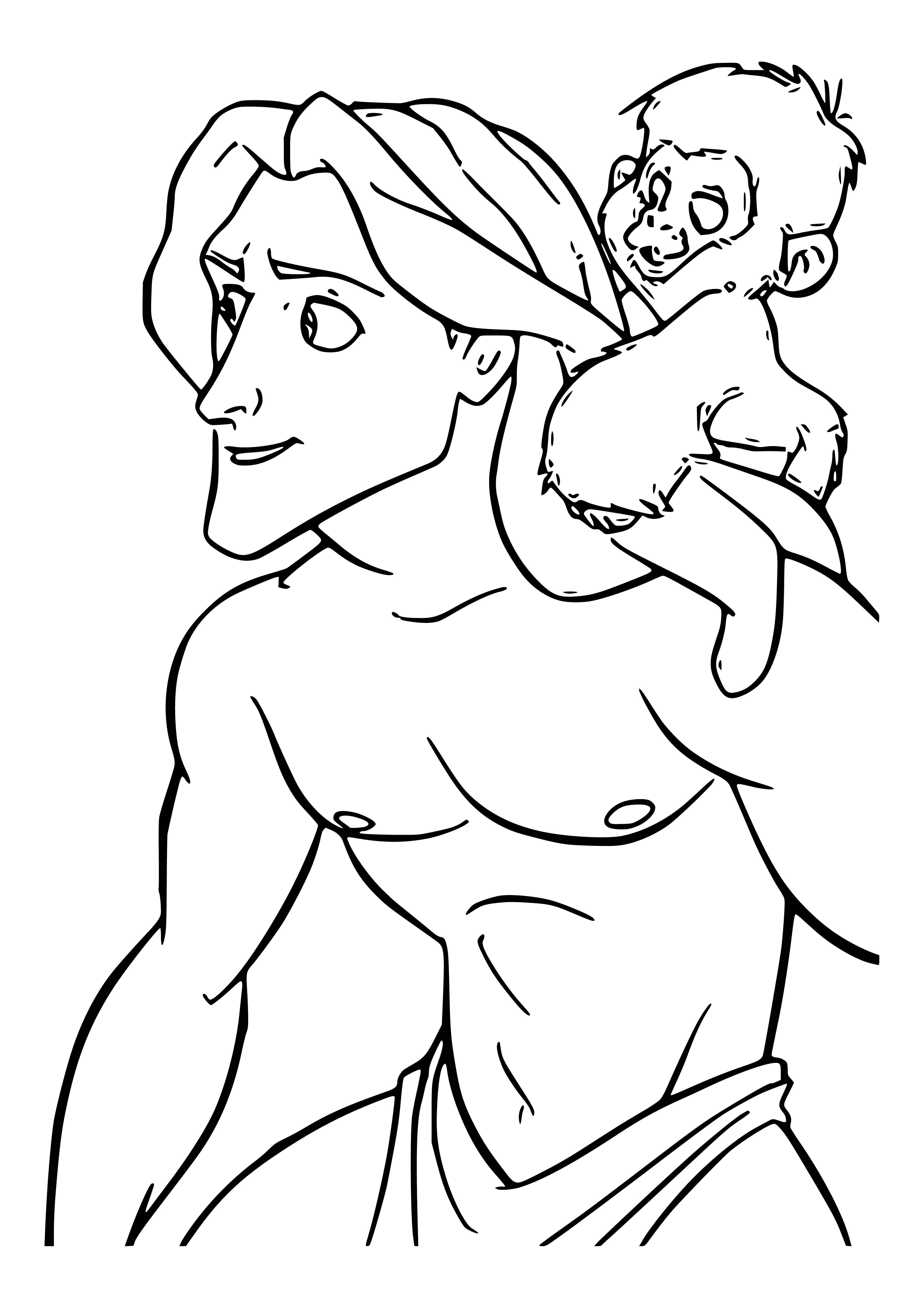 coloring page: Tarzan and a monkey swing through the air above a river.