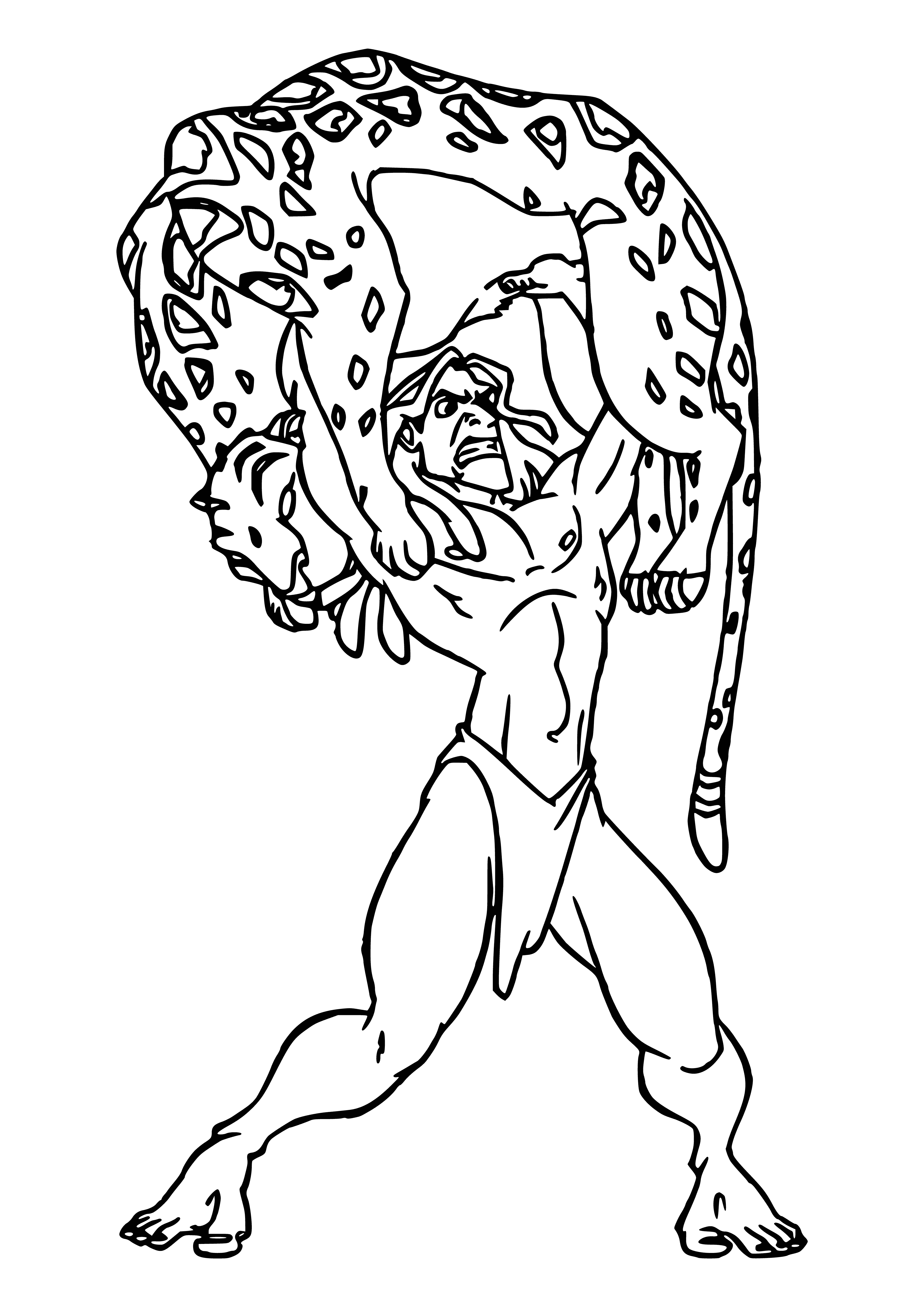 coloring page: A man stands over a dead leopard, wielding a spear and a knife.