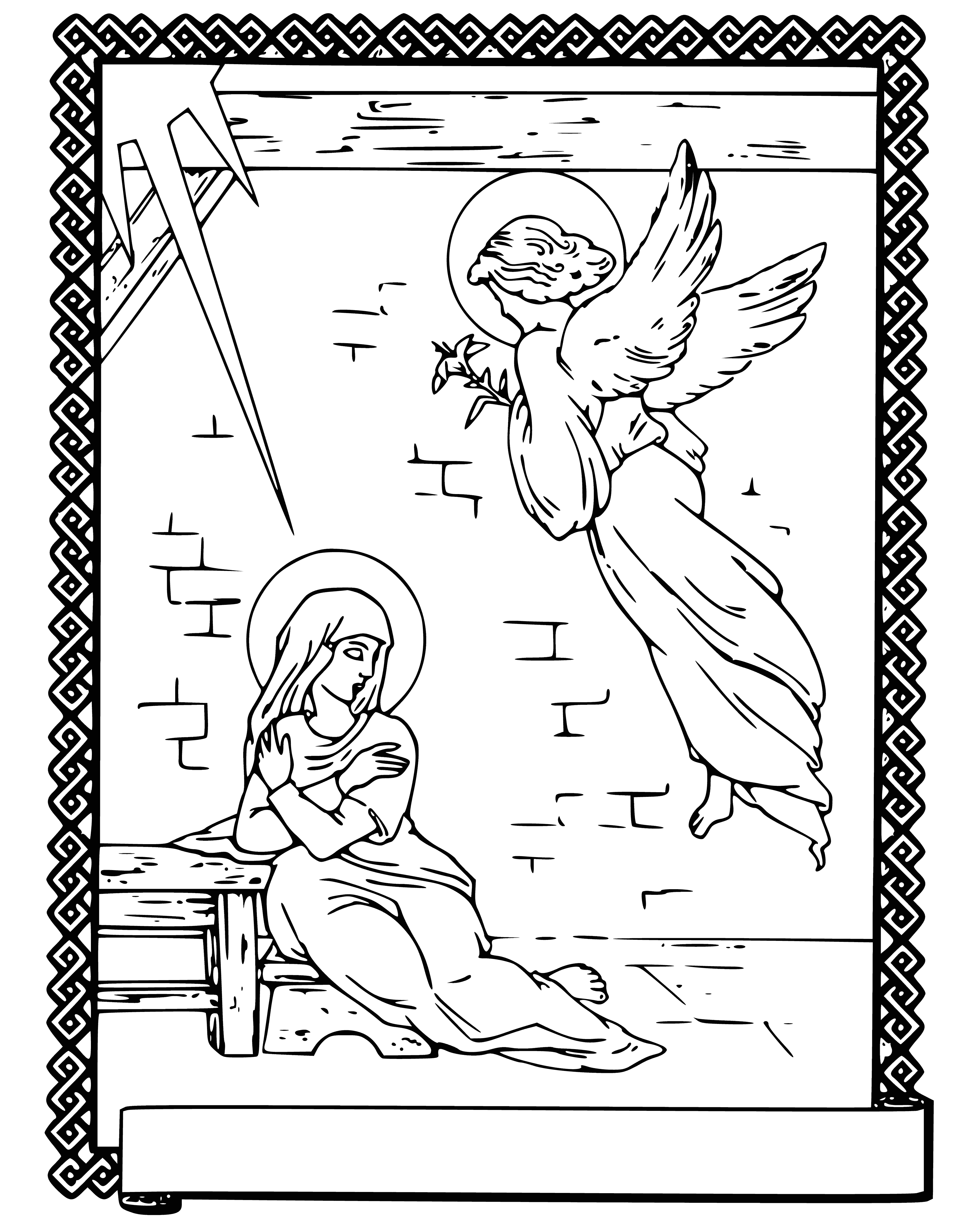 coloring page: The Annunciation celebrates Archangel Gabriel's appearance to the Virgin Mary, announcing the birth of Jesus on March 25 - Feast of the Incarnation.
