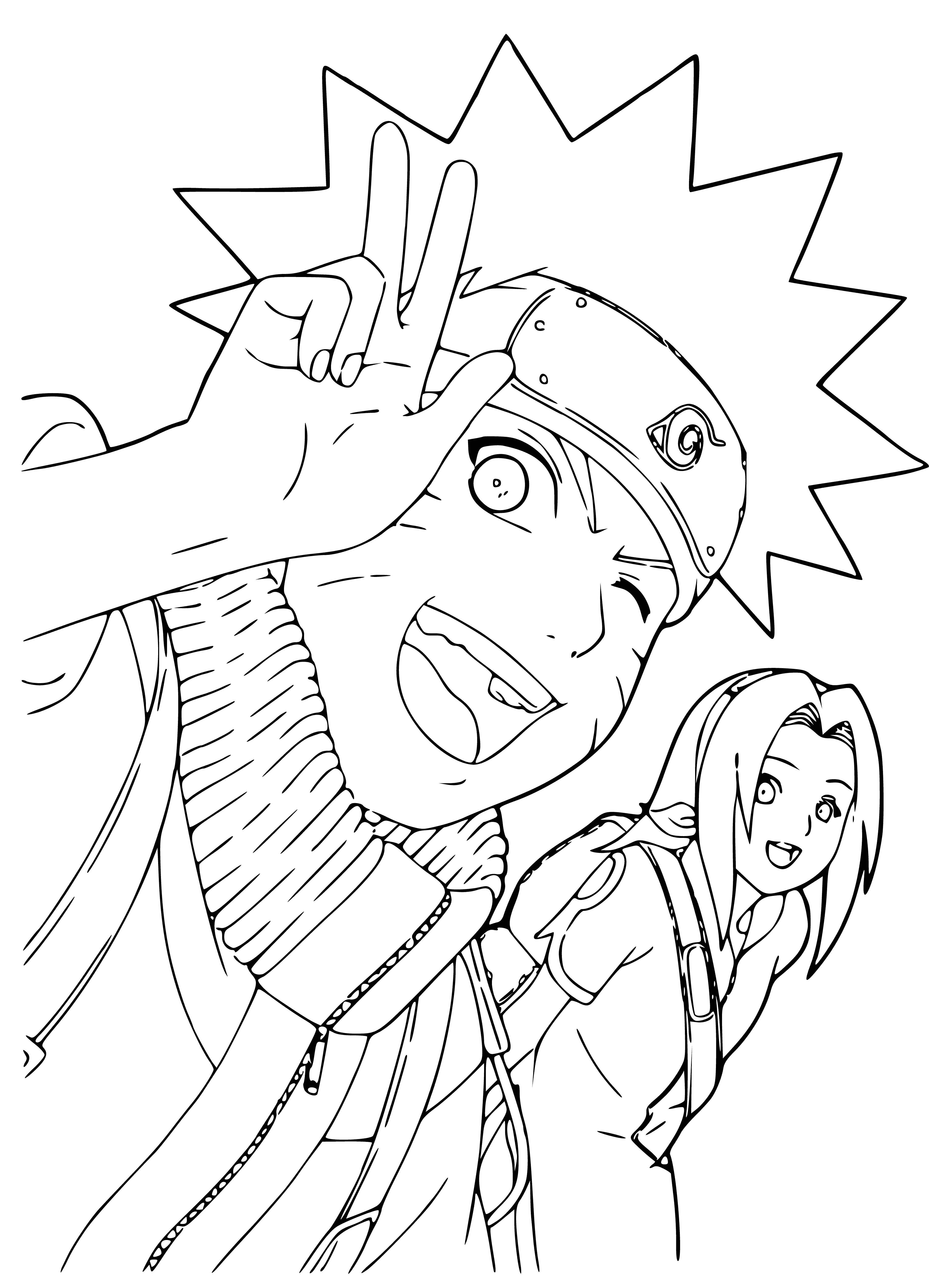 coloring page: Naruto and Sakura smile at each other on a bridge, Sakura blushing, hands behind her back, Naruto with hands in pockets.