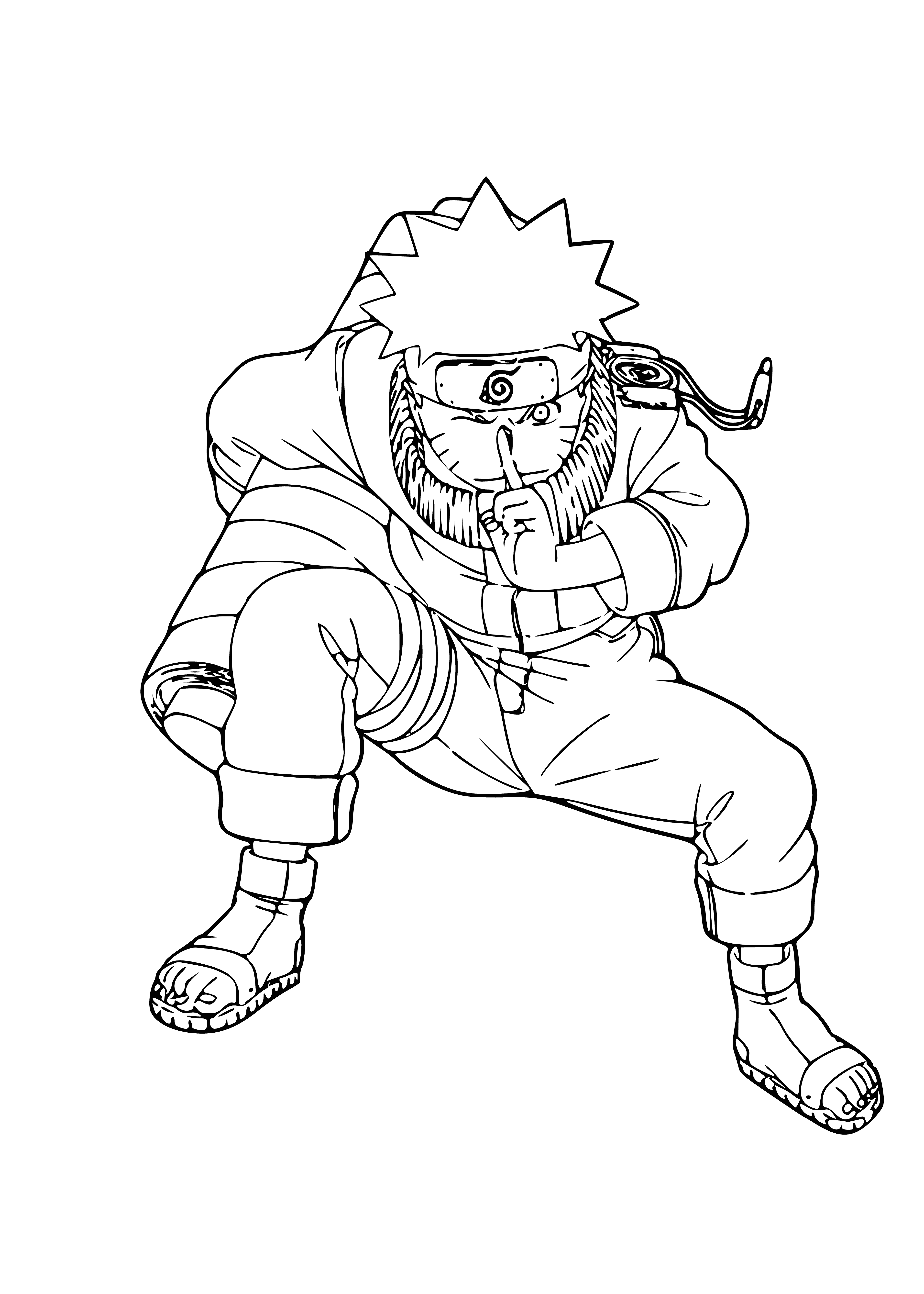 coloring page: Naruto's powerful Rasengan technique is in the center of the page, flanked by two smaller chakra spirals & a blue sky, white clouds backdrop.