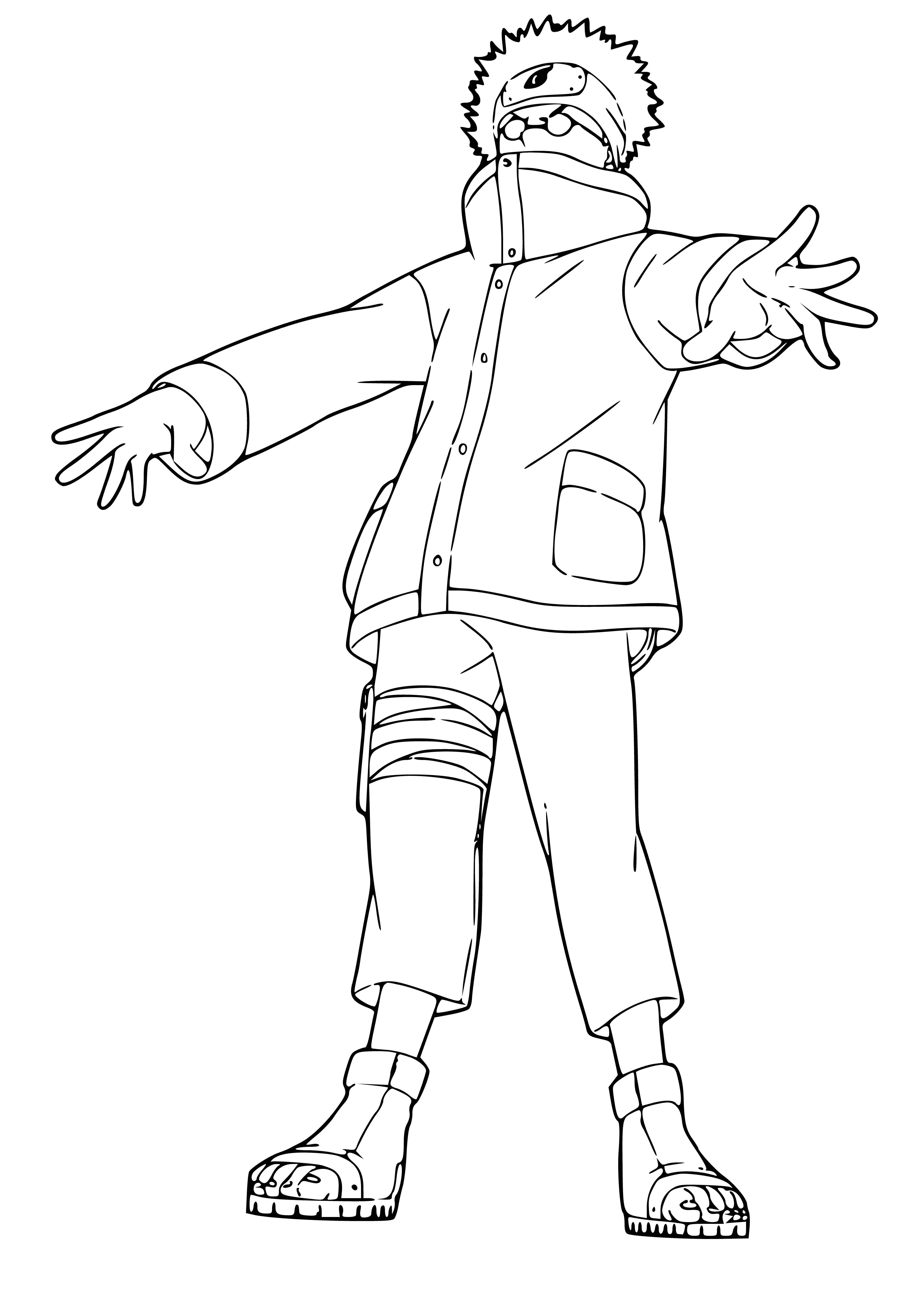 coloring page: Naruto is a young ninja aspiring to be the Hokage; he has an orange jumpsuit, headband, spiral symbol, & tools. His eyes are blue & he has blond spiky hair & a wide grin.