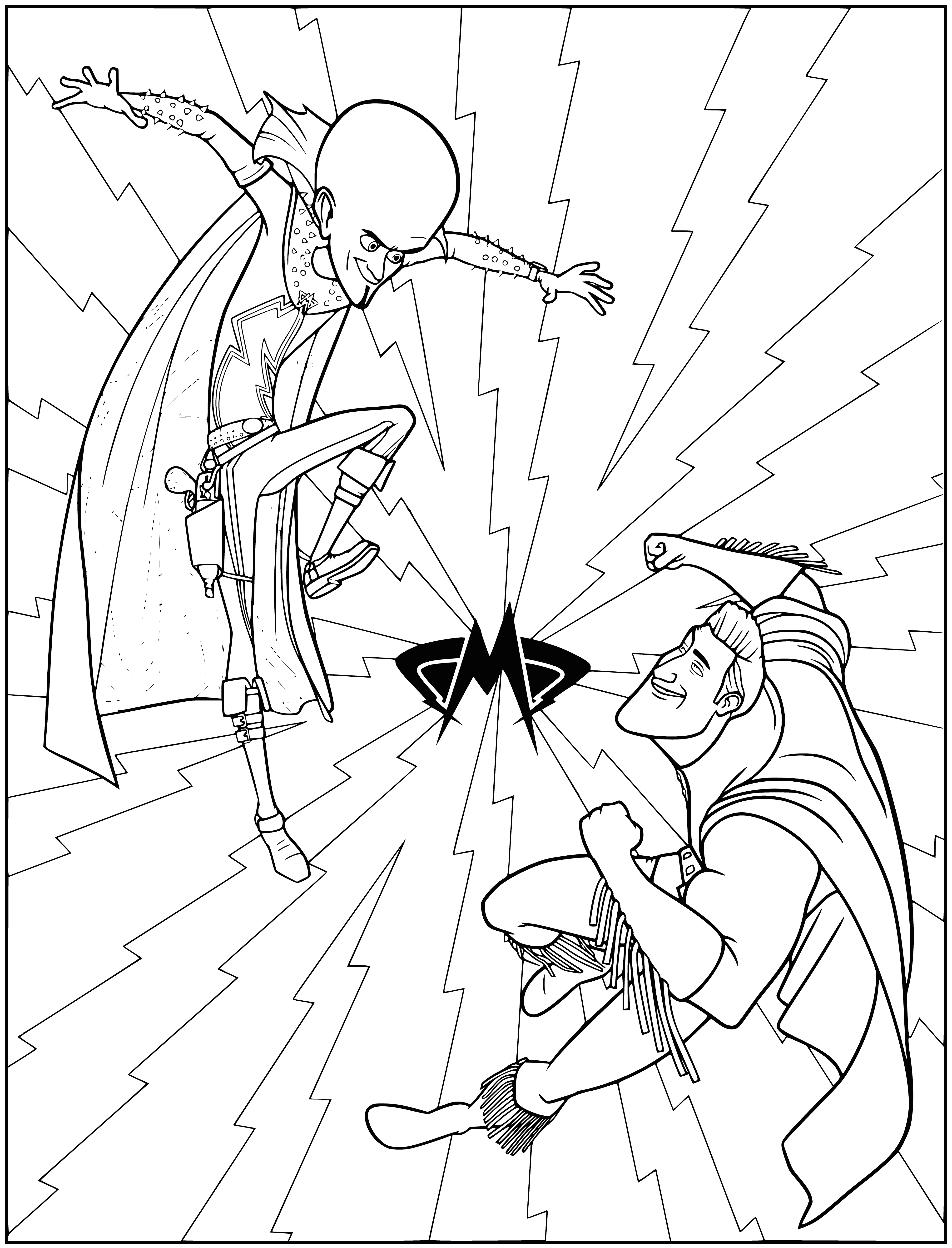 coloring page: The blue man is surrounded by small, green men with big teeth, & he's holding a gun.