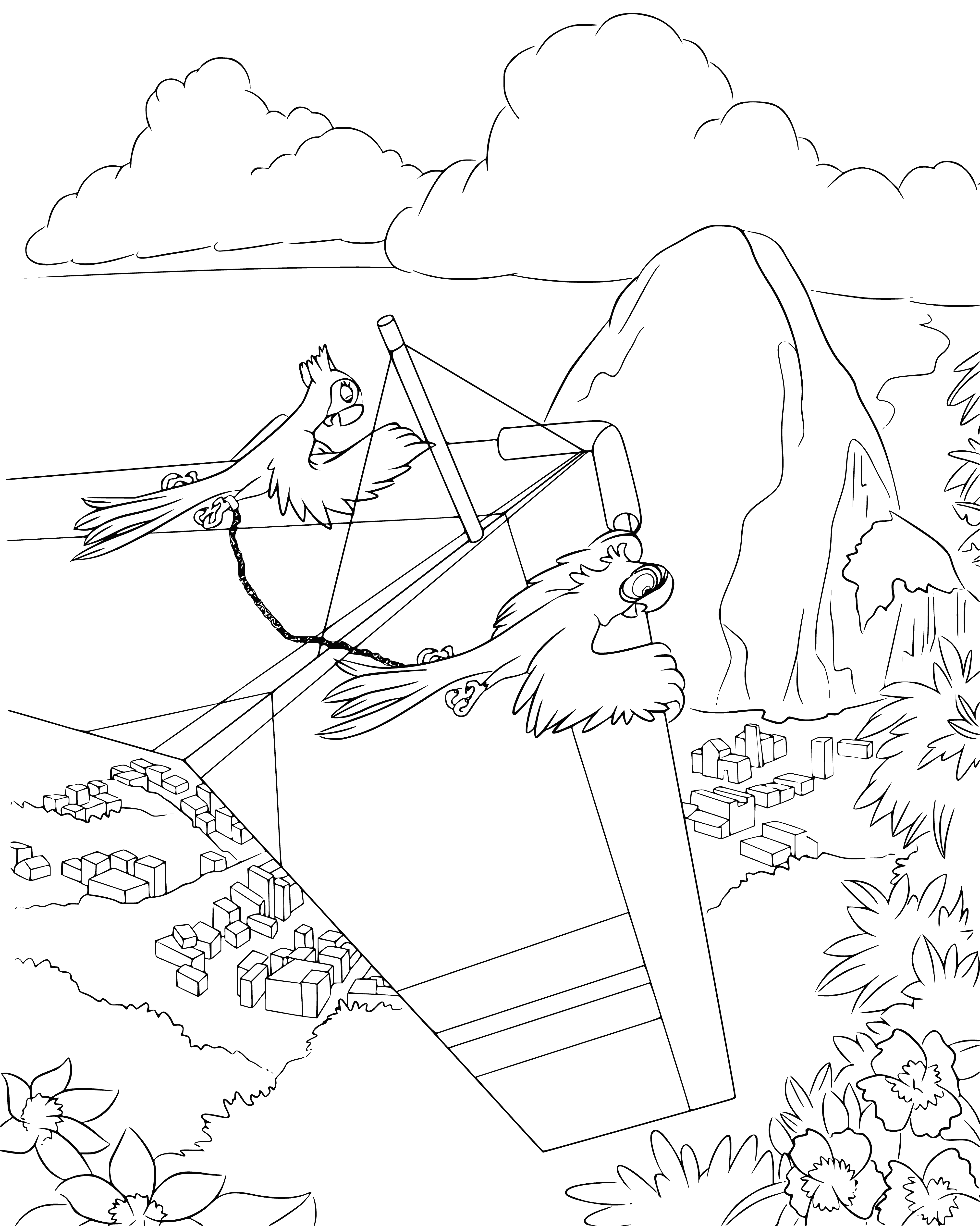 coloring page: A hang glider flying high above Rio de Janeiro, with clear blue sky and green landscapes visible from its open frame.