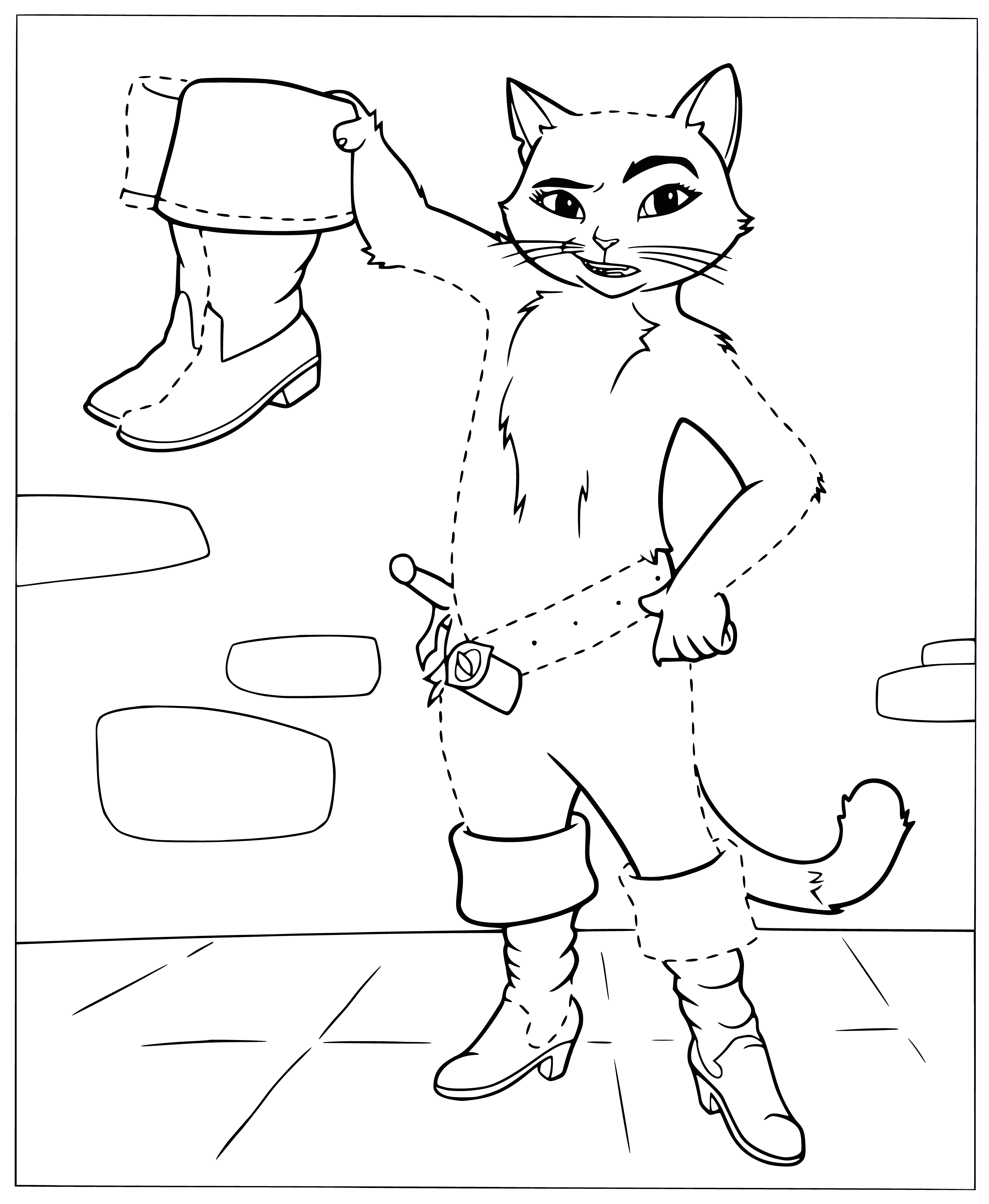 coloring page: Cat in boots stands in a green field w/ tree & castle in bg; gray & white w/ large round head & blue eyes; long tail & brown boots.