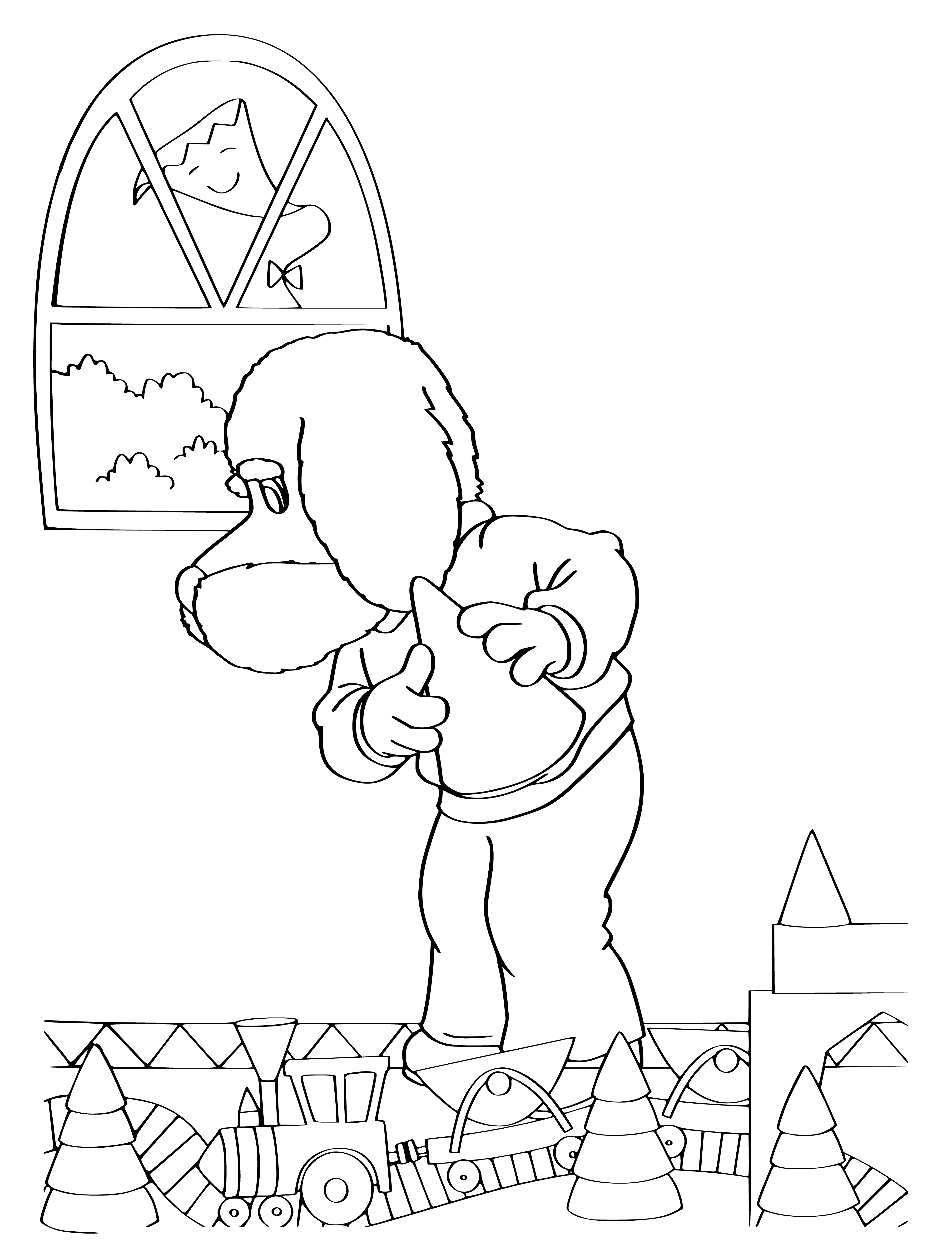 coloring page: Filya stands with arms outstretched, smiling, as the happy children sit around her.