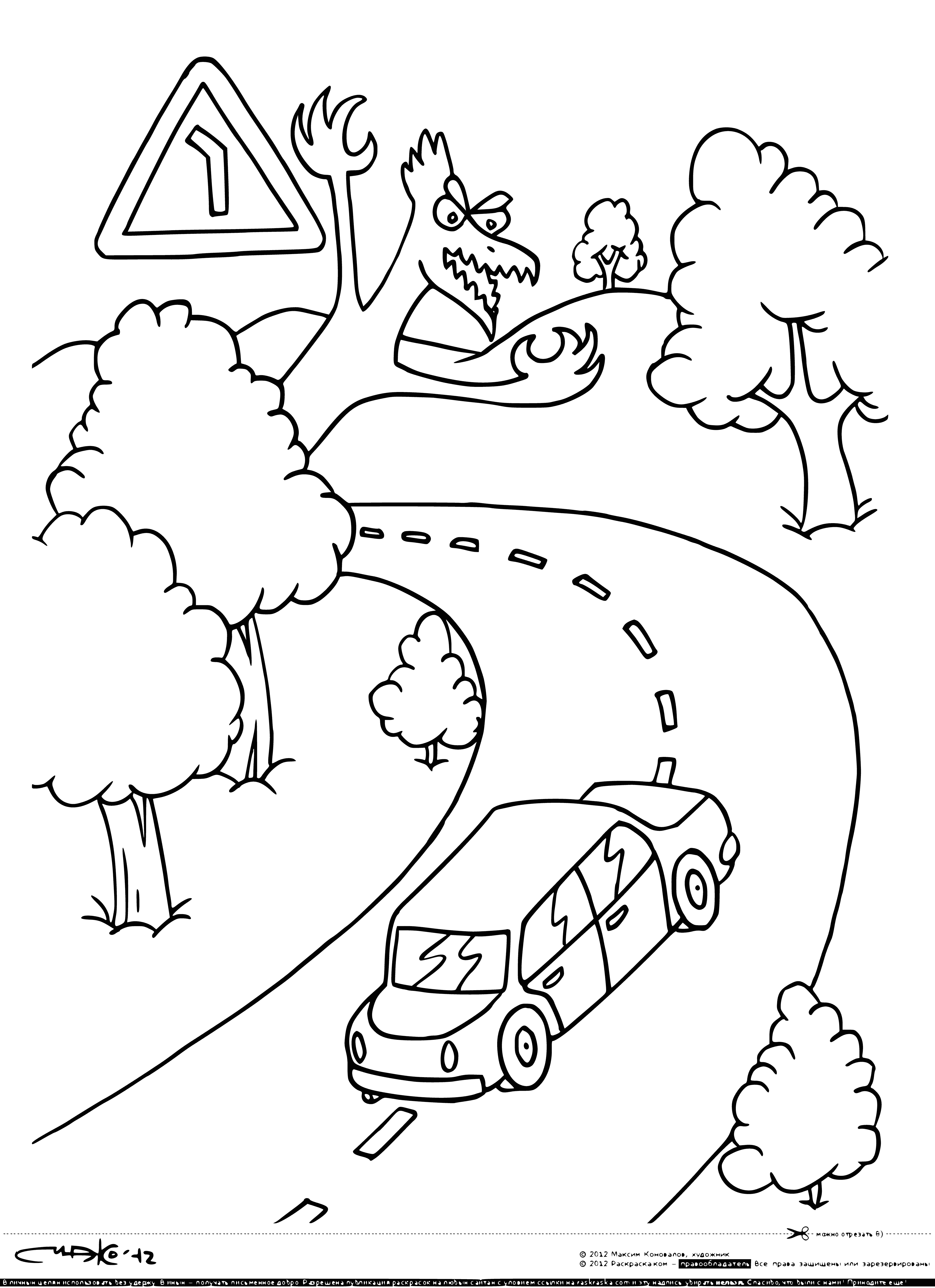 coloring page: Sign warns of a dangerous turn; coloring page shows car taking the corner.