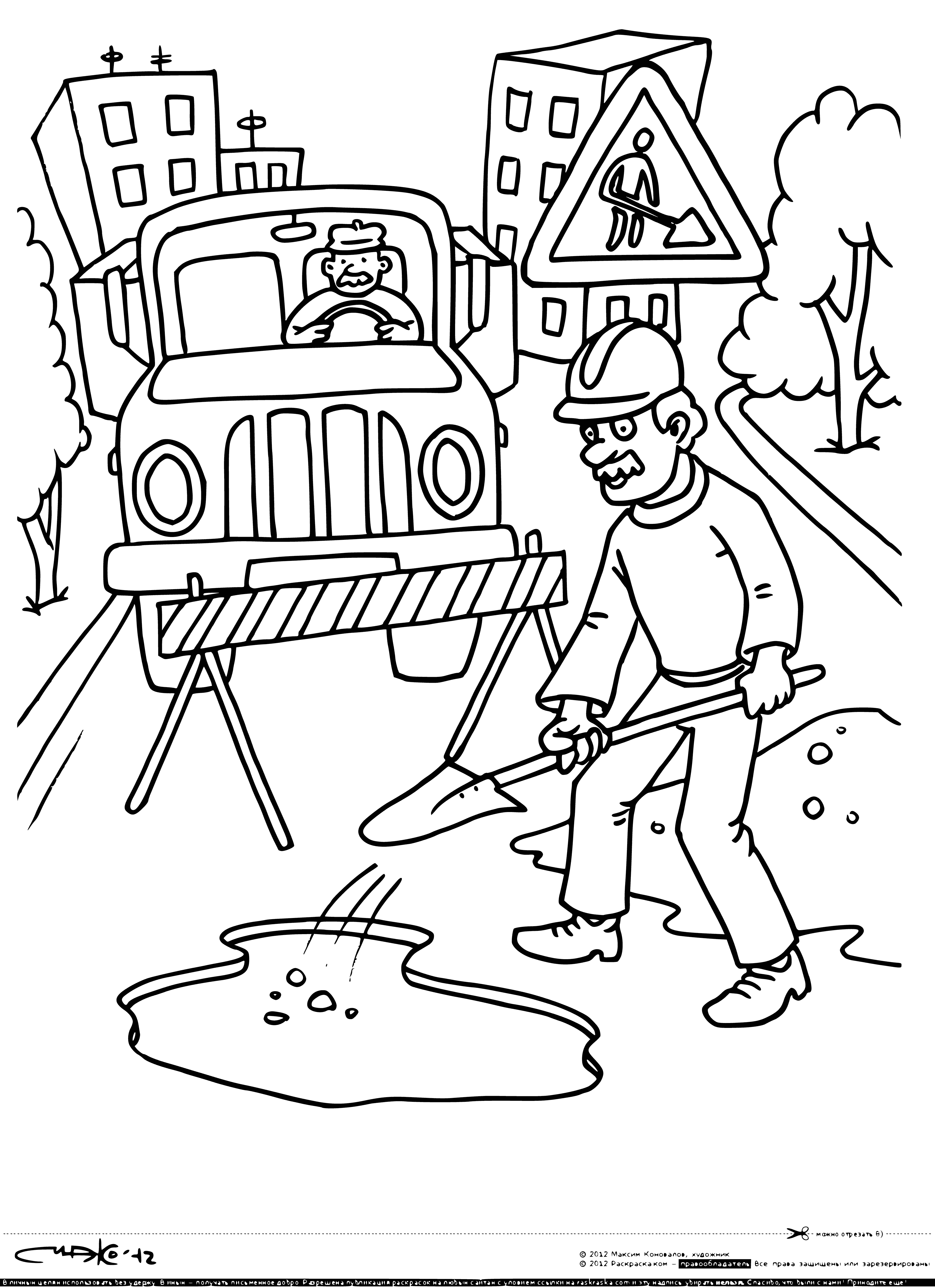 coloring page: Two red rect. signs: left has stop sign pic., right has const. worker pic. Each with "STOP" in black letters. Both w/ red bord.