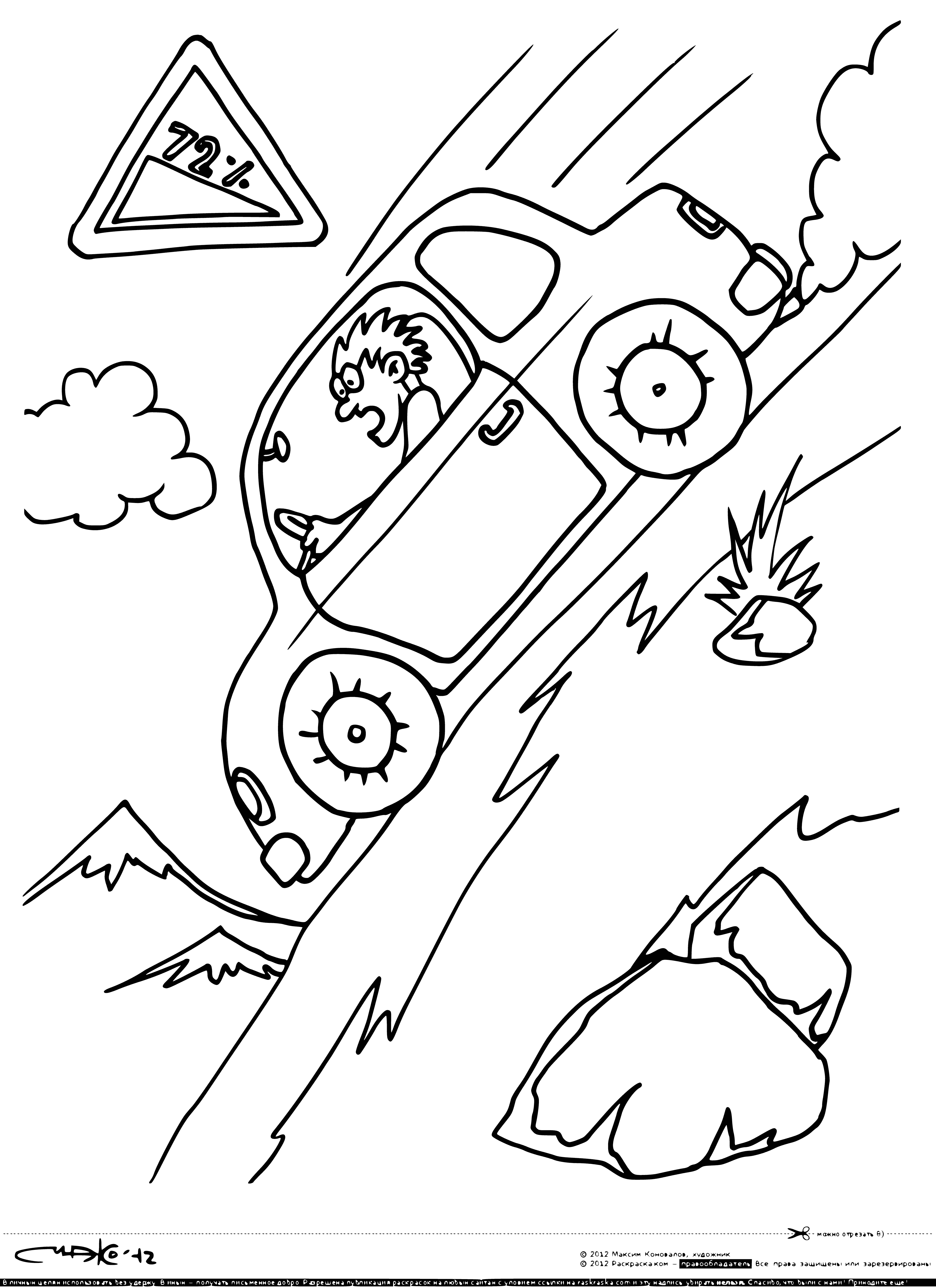 coloring page: Sign reads "Steep Descent" w/ yellow bg & black coloring page of car going down hill; arrow points down beneath sign.