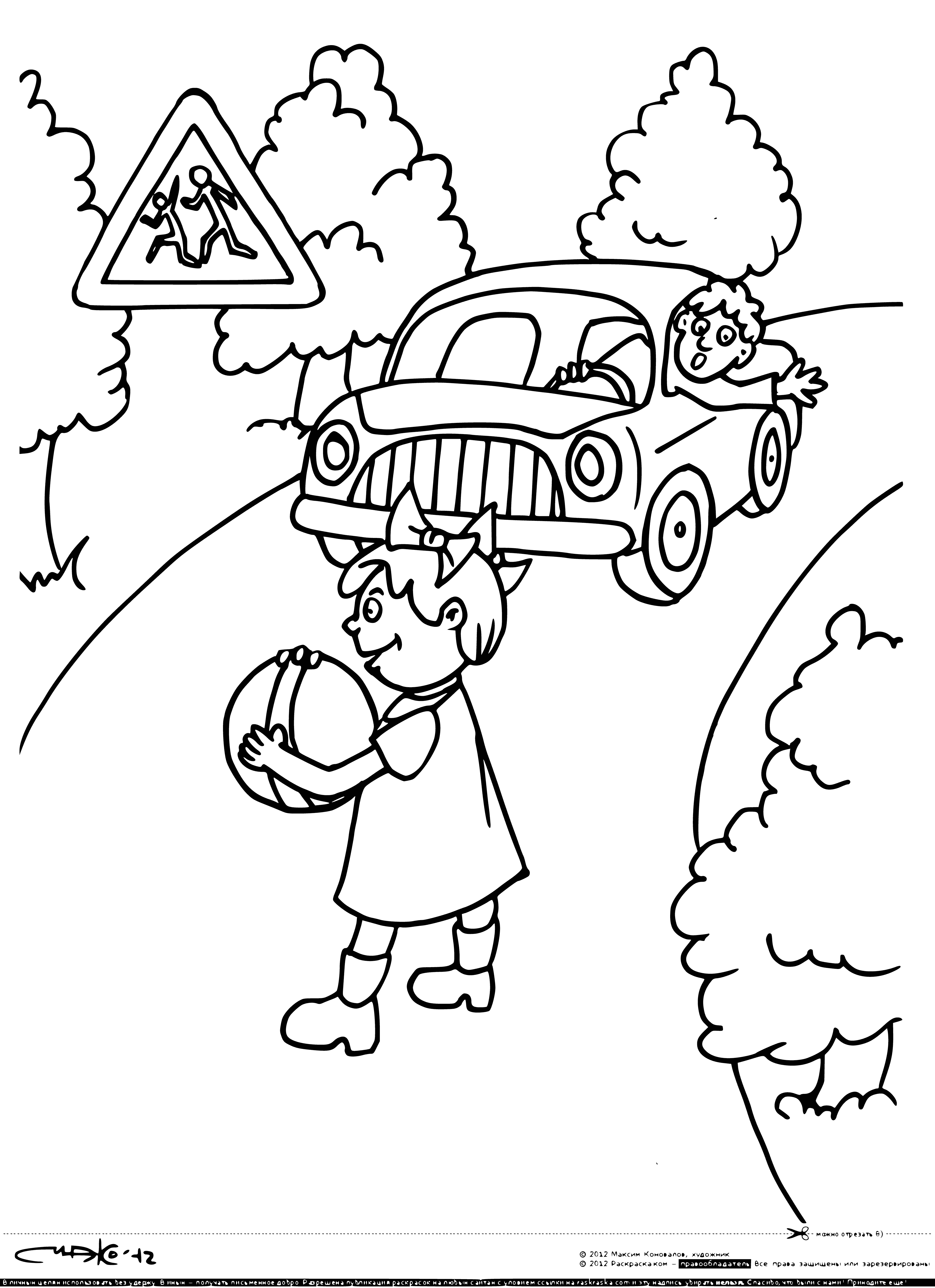 coloring page: Caution sign warns of potential danger of children playing on the street, with an illustration of a SUV driving by.