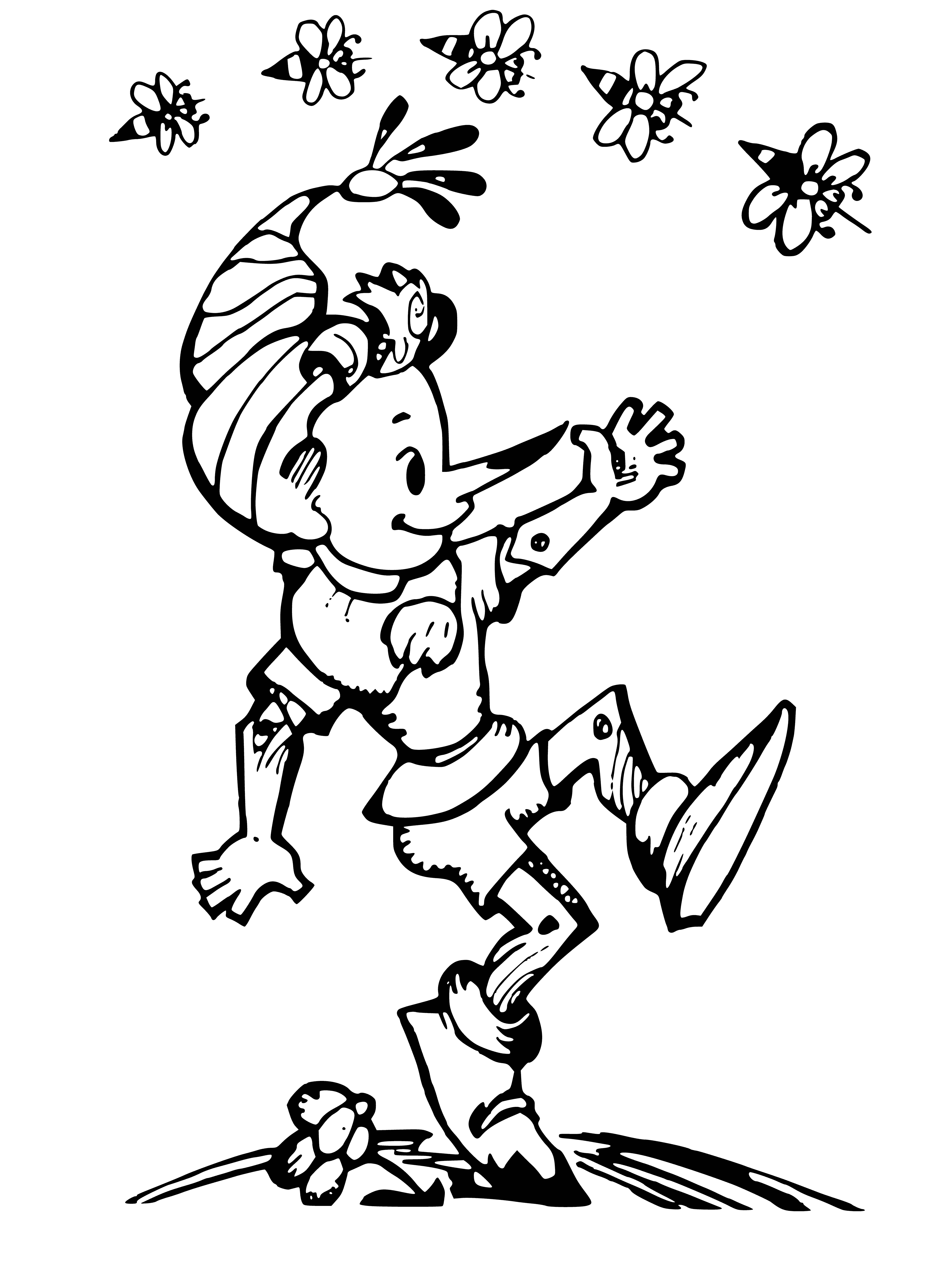 coloring page: A puppet lies on the ground, tattered clothing, gaunt face, with a small light in the distance amid a dark forest.