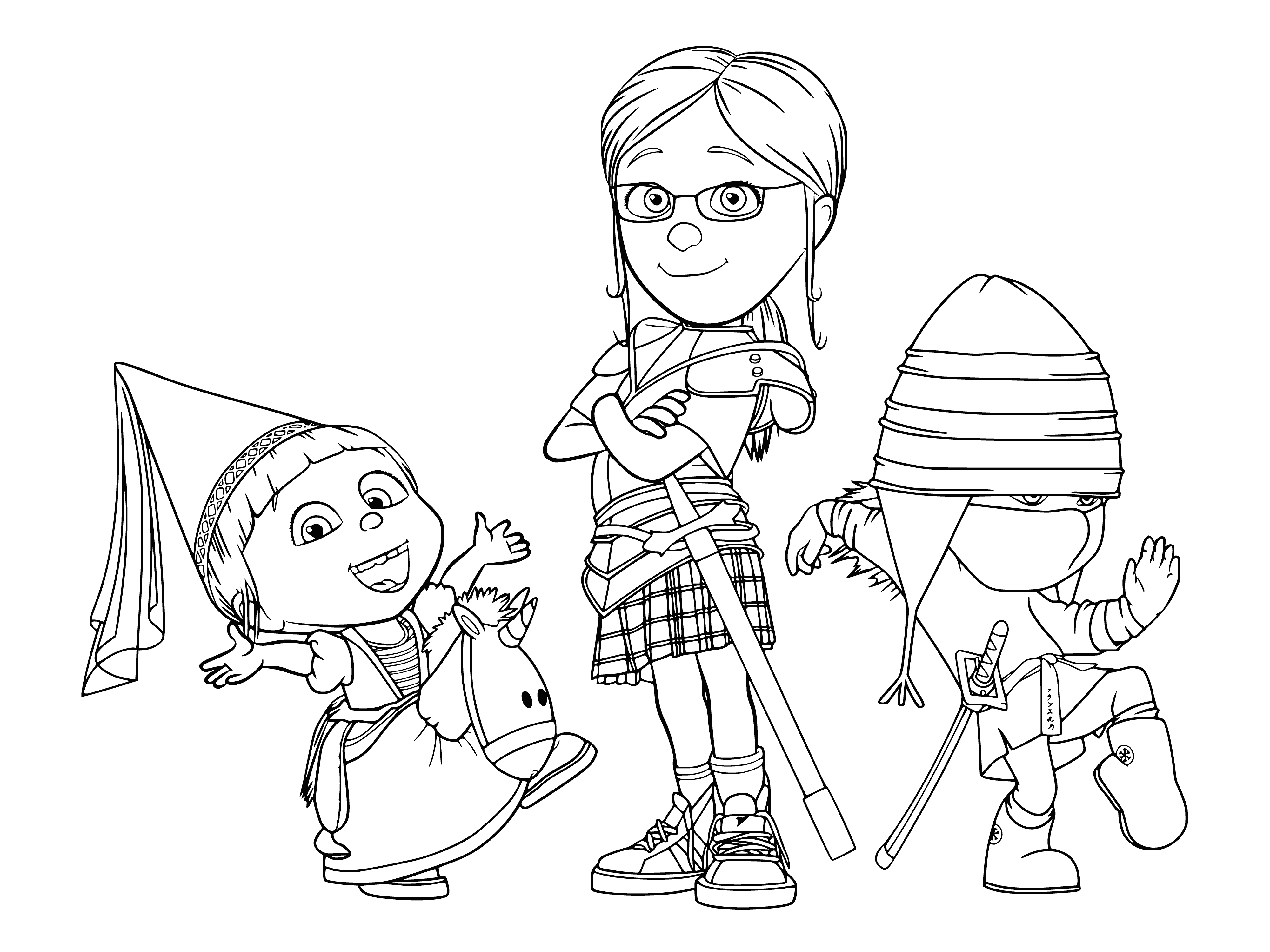 coloring page: Three adorable girls in Despicable Me costumes smiling sweetly; Agnes in a unicorn costume, Margot in minion costume and Edith as Wonder Woman. #CutenessOverload