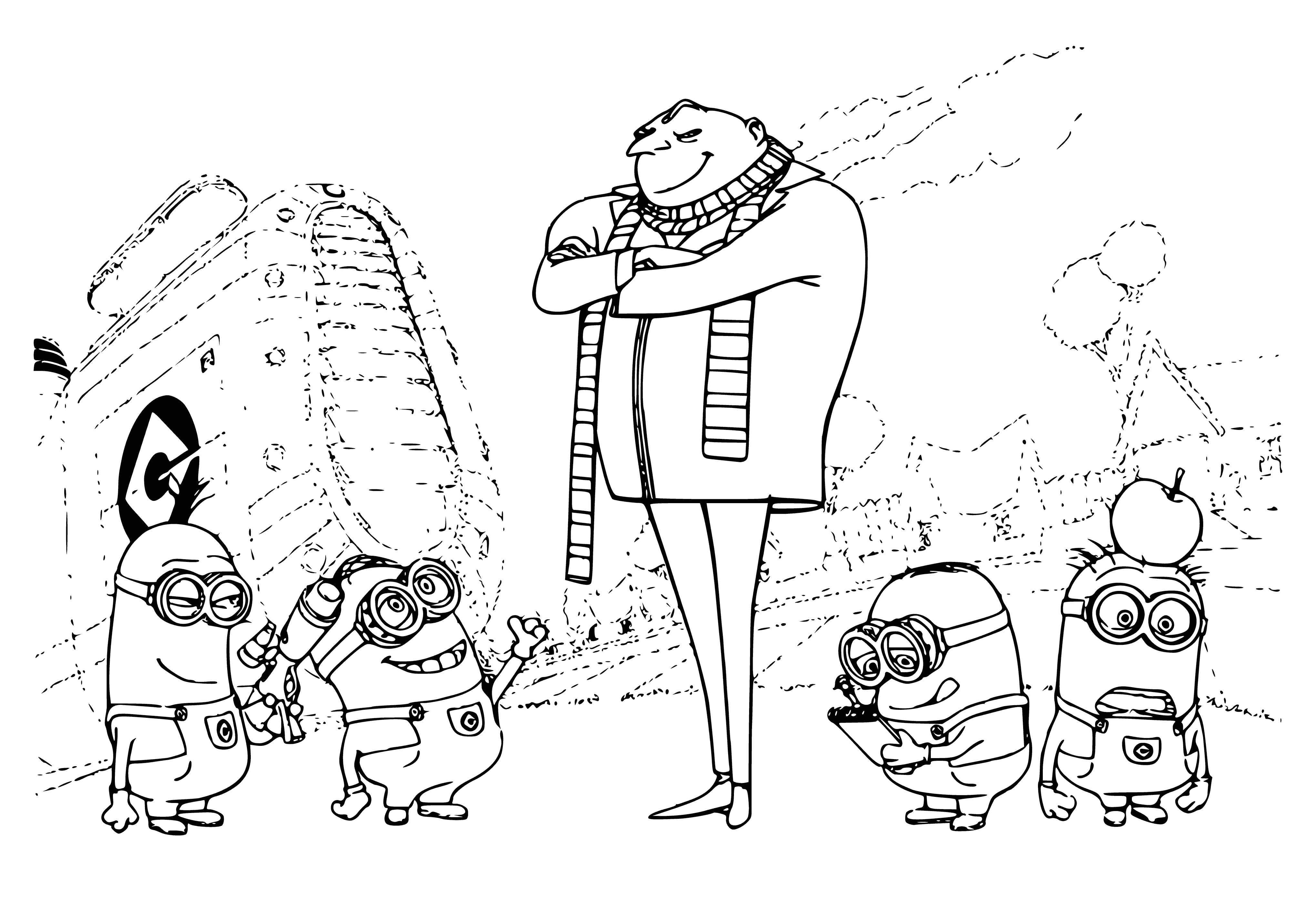 coloring page: Gru and 3 minions hold hands, grinning. They're all wearing color-coordinated outfits - Gru in black, minions in blue overalls w/blue eyes.