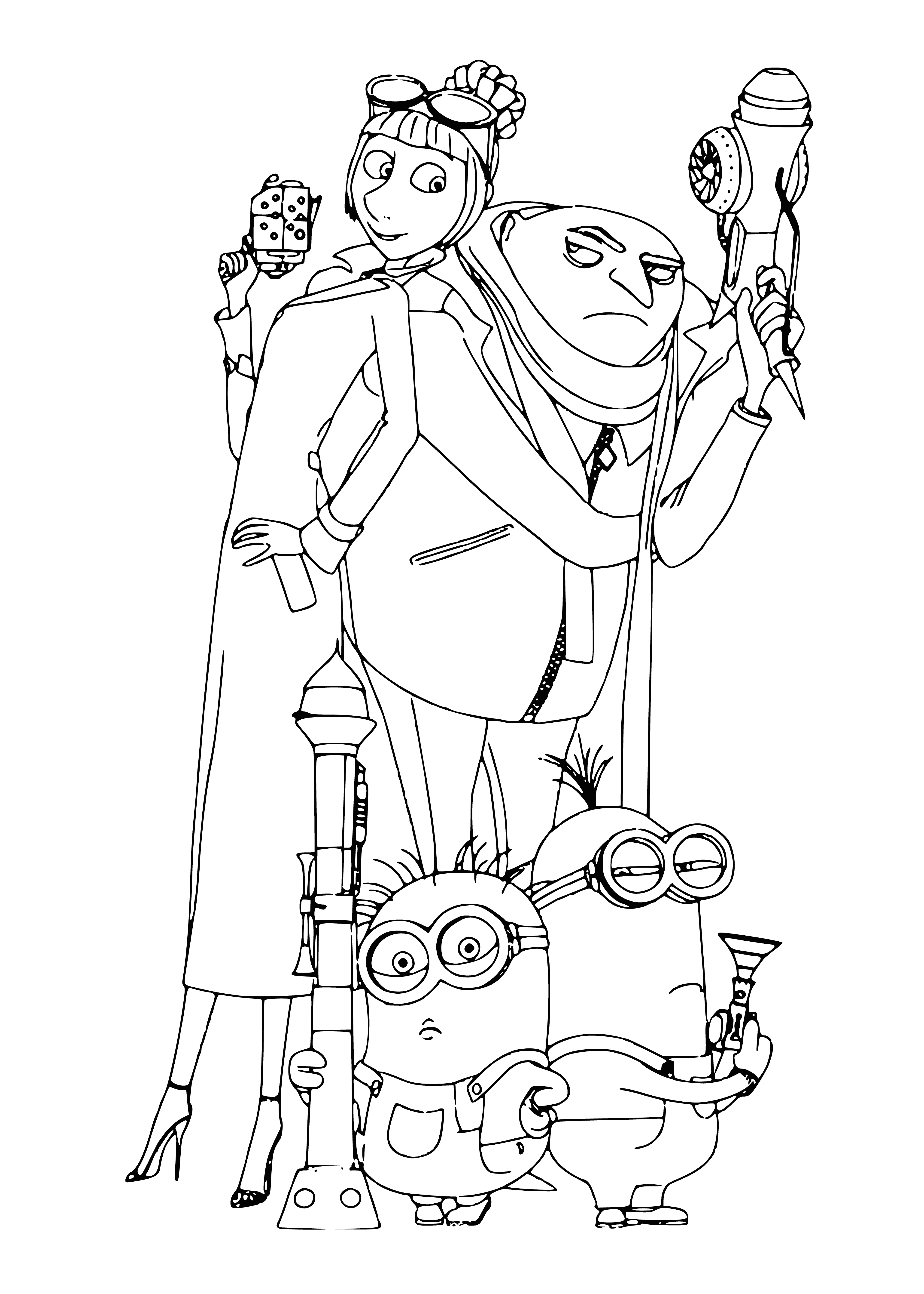 coloring page: Animated coloring page of minion from "Despicable Me" movies. Holding a heart in its hands. Background of yellow/orange gradient with "Despicable Me 2" written above.