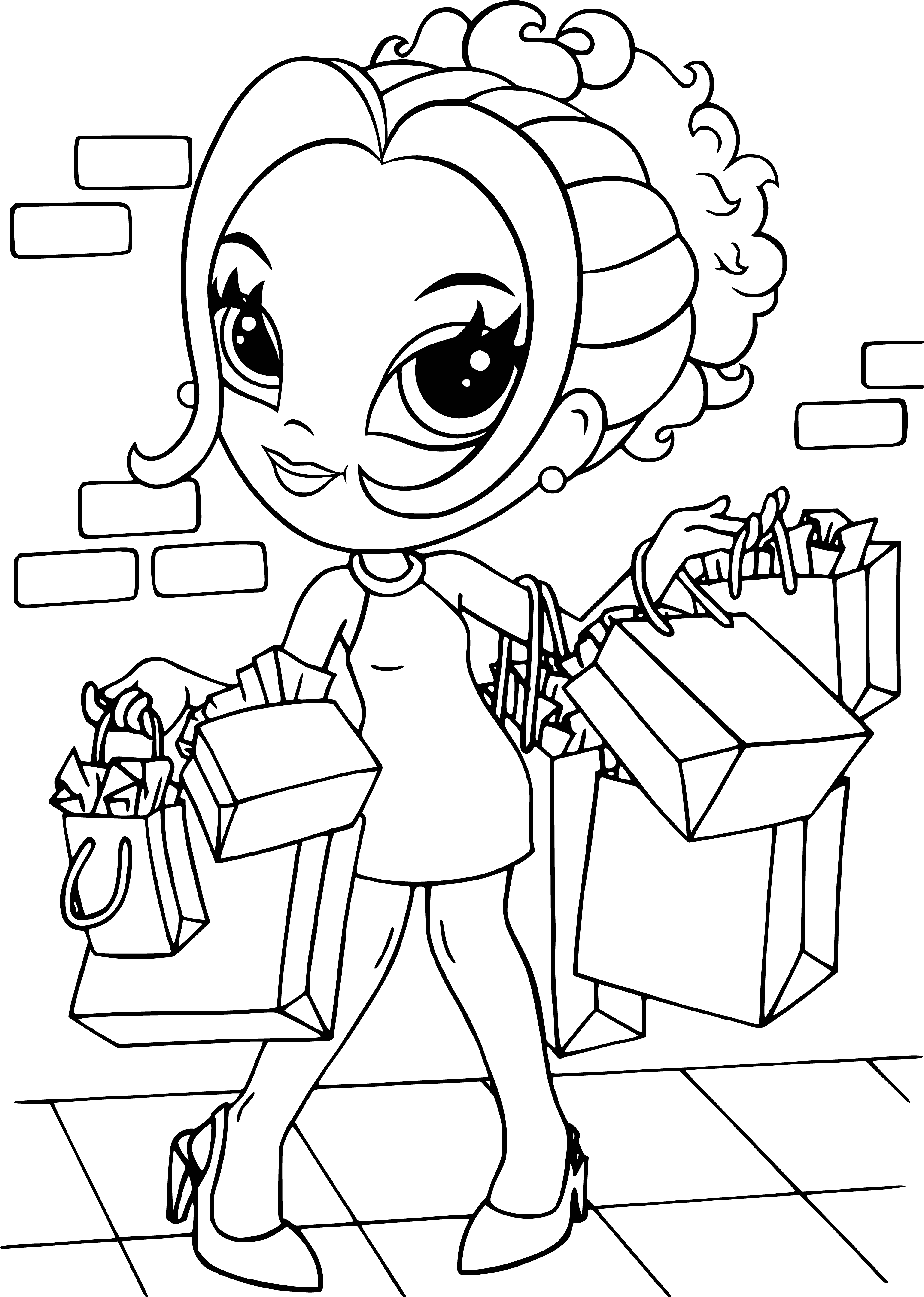 coloring page: Young woman in pink dress & ribbon puts on lipstick, stands in front of mirror w/ purse in hand. #makeupgoals