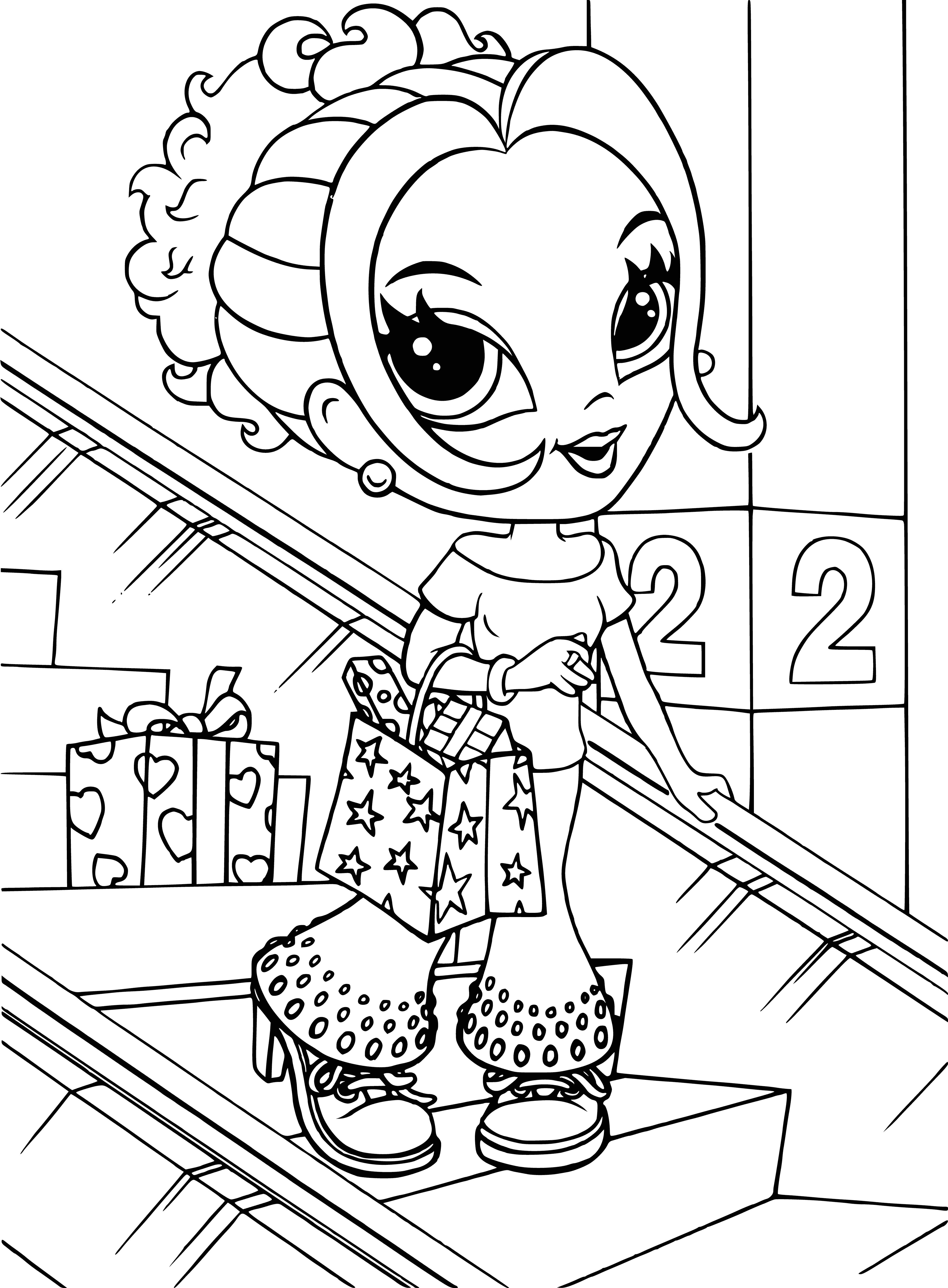 coloring page: Glamour girl with long blonde hair in pink dress stands in front of locker, holding a purse, looking happy and confident. #highschool