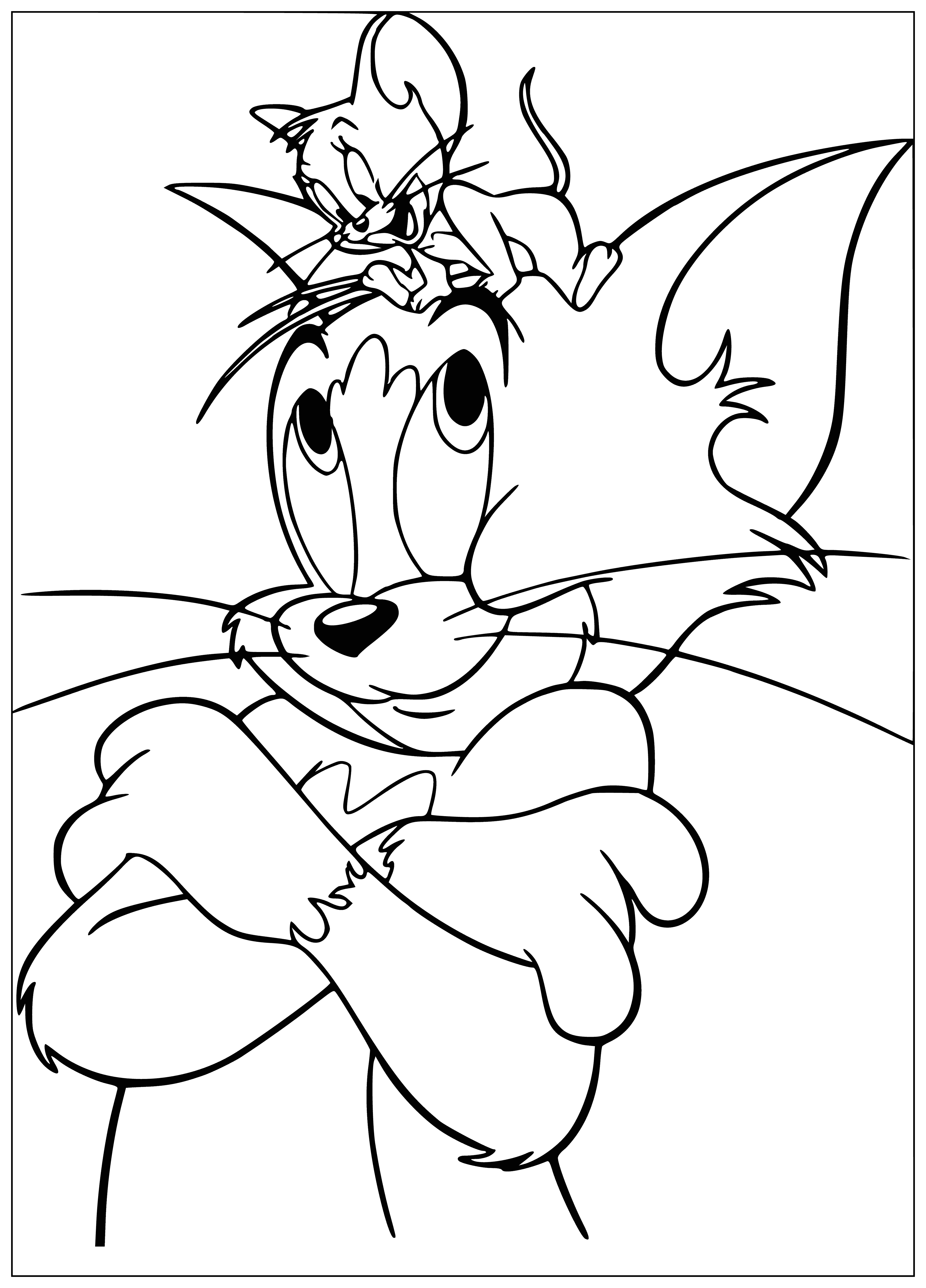 coloring page: Tom is holding a mouse, Jerry, by the tail, trying to stop him from getting to a goldfish bowl.