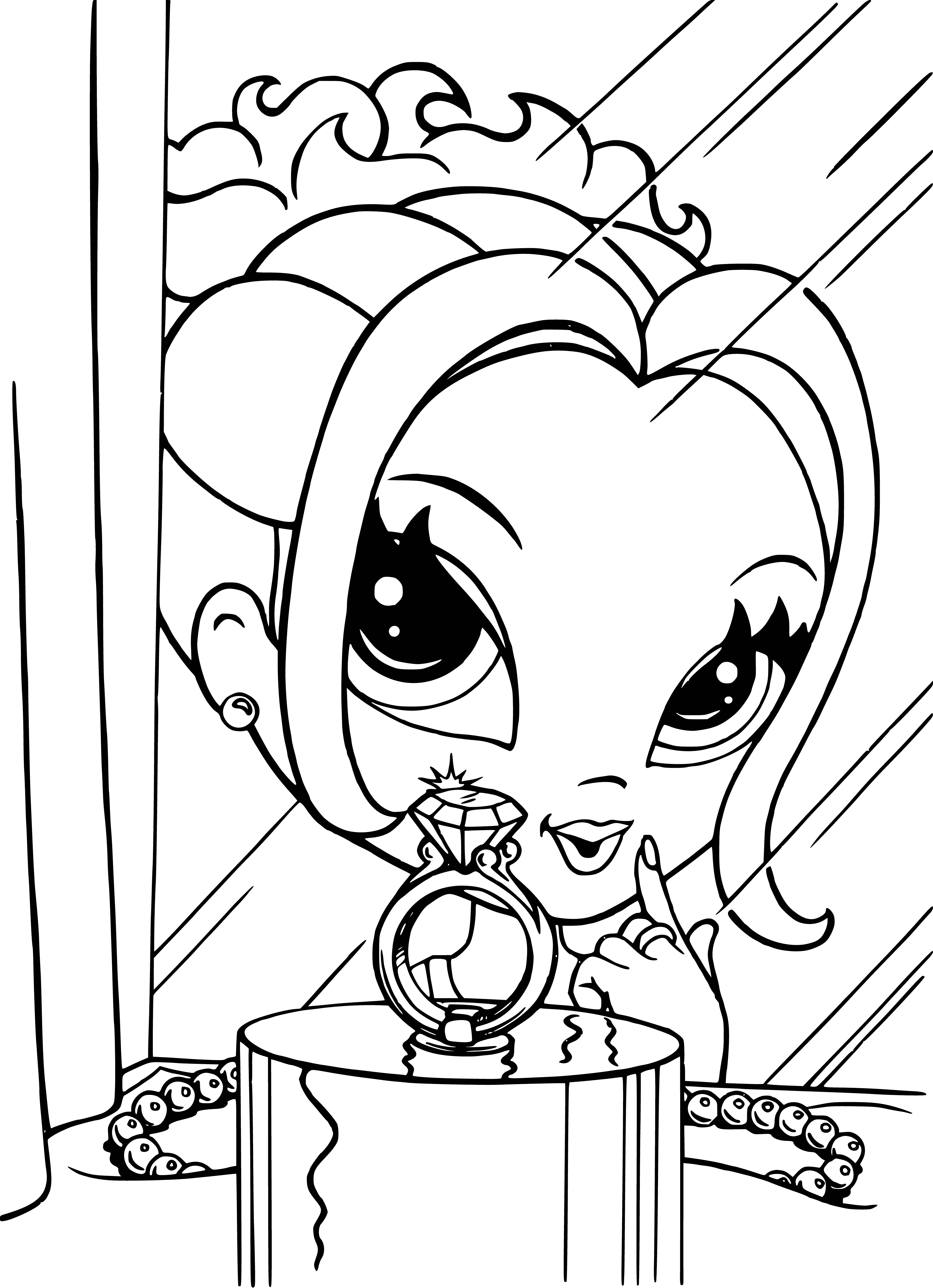 coloring page: Girl with blonde hair & blue eyes wearing pink dress & fur stole, diamond necklace & bracelet, & holding a pink purse.
