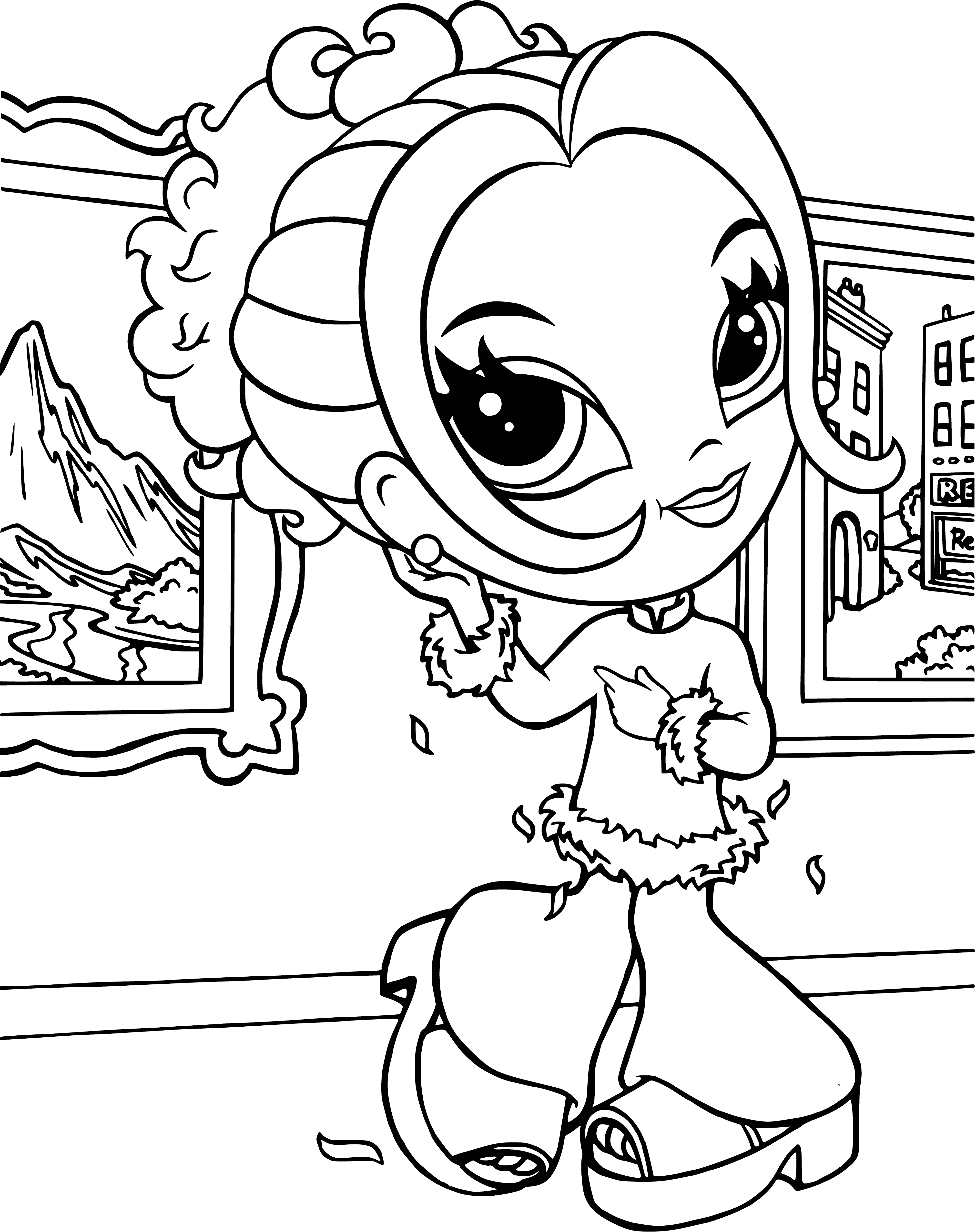 coloring page: Girl ready for a night out, wearing sequined dress, high heels, sleek updo and sparkly jewelry. Big smile says she knows she'll have a great time!