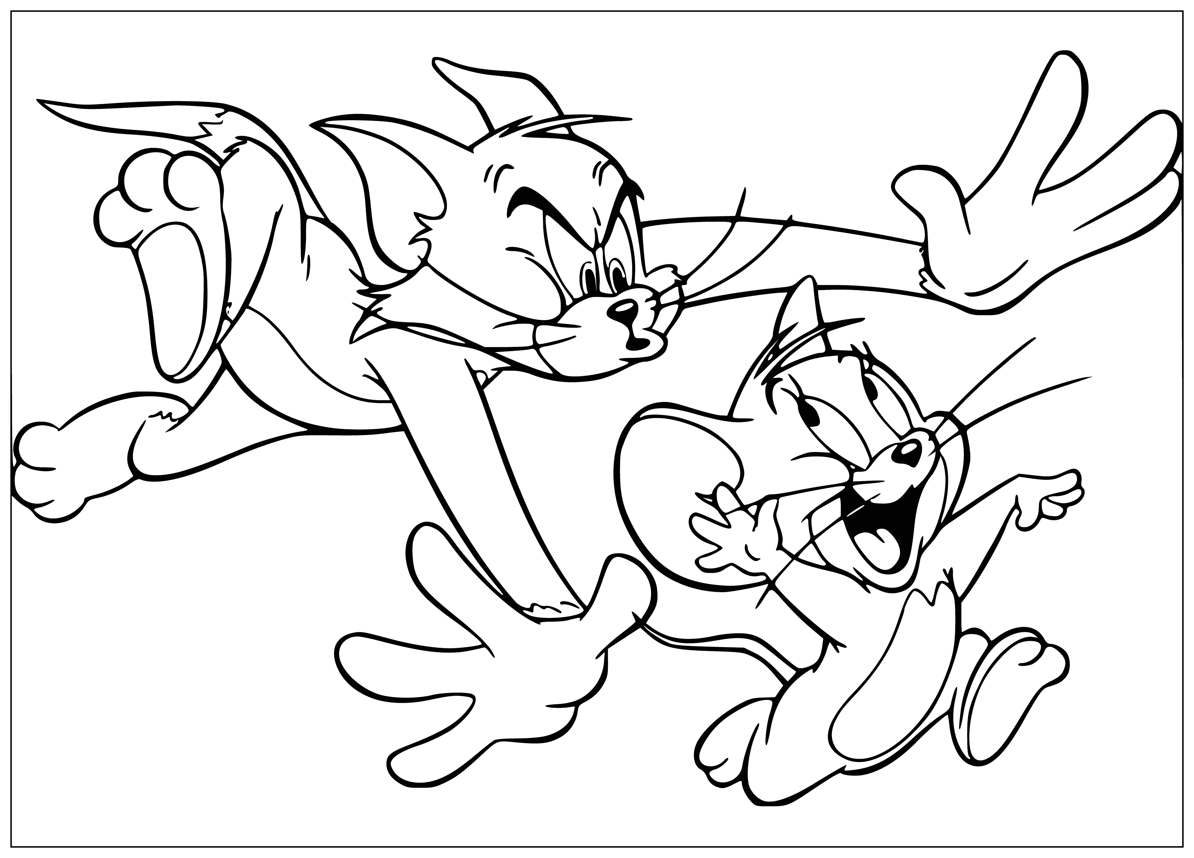 coloring page: Tom and Jerry are in a frenzied chase, with Jerry managing to stay one step ahead of Tom.