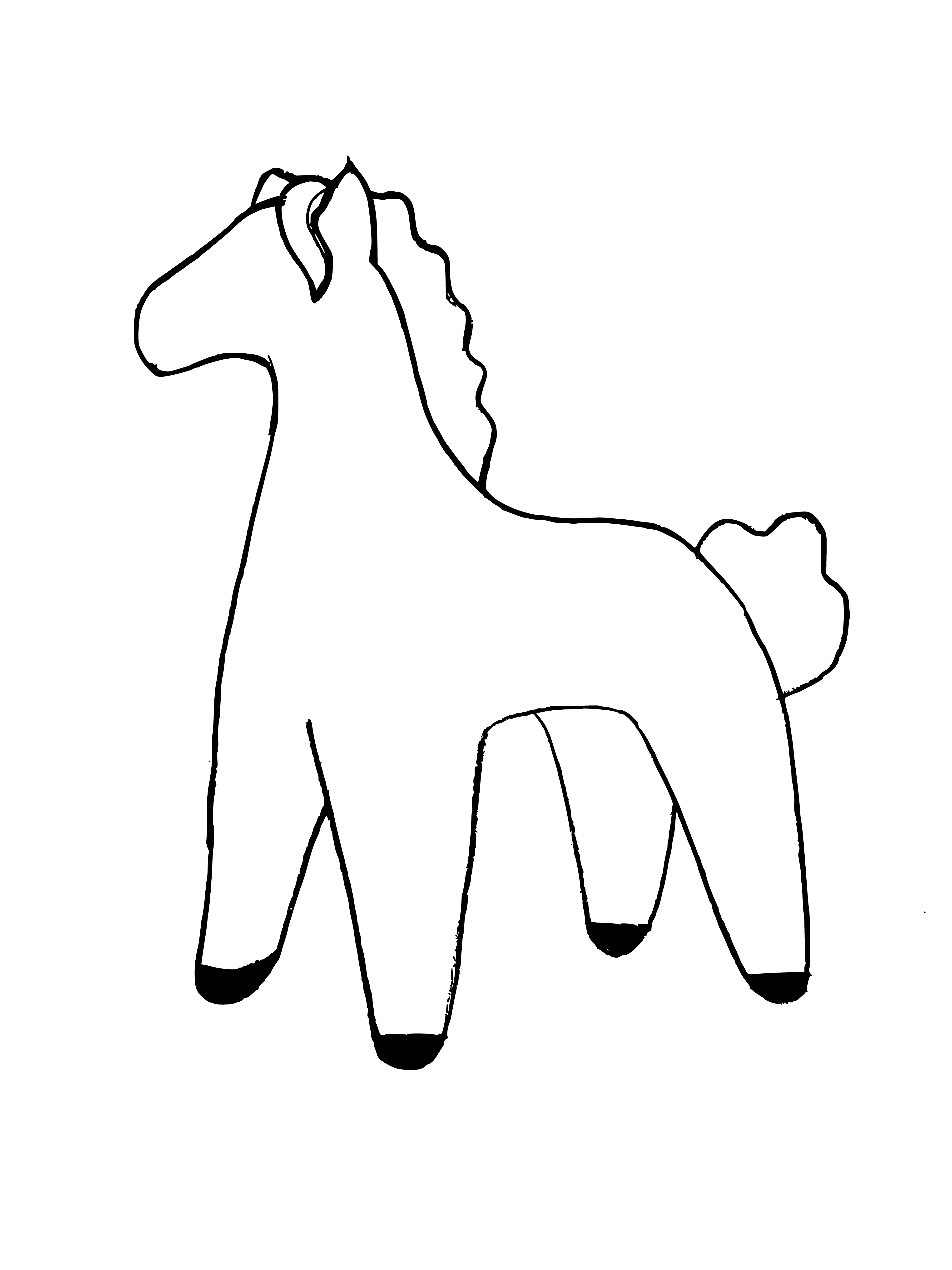 coloring page: Toy horse: brown, white mane/tail, black bridle/saddle.