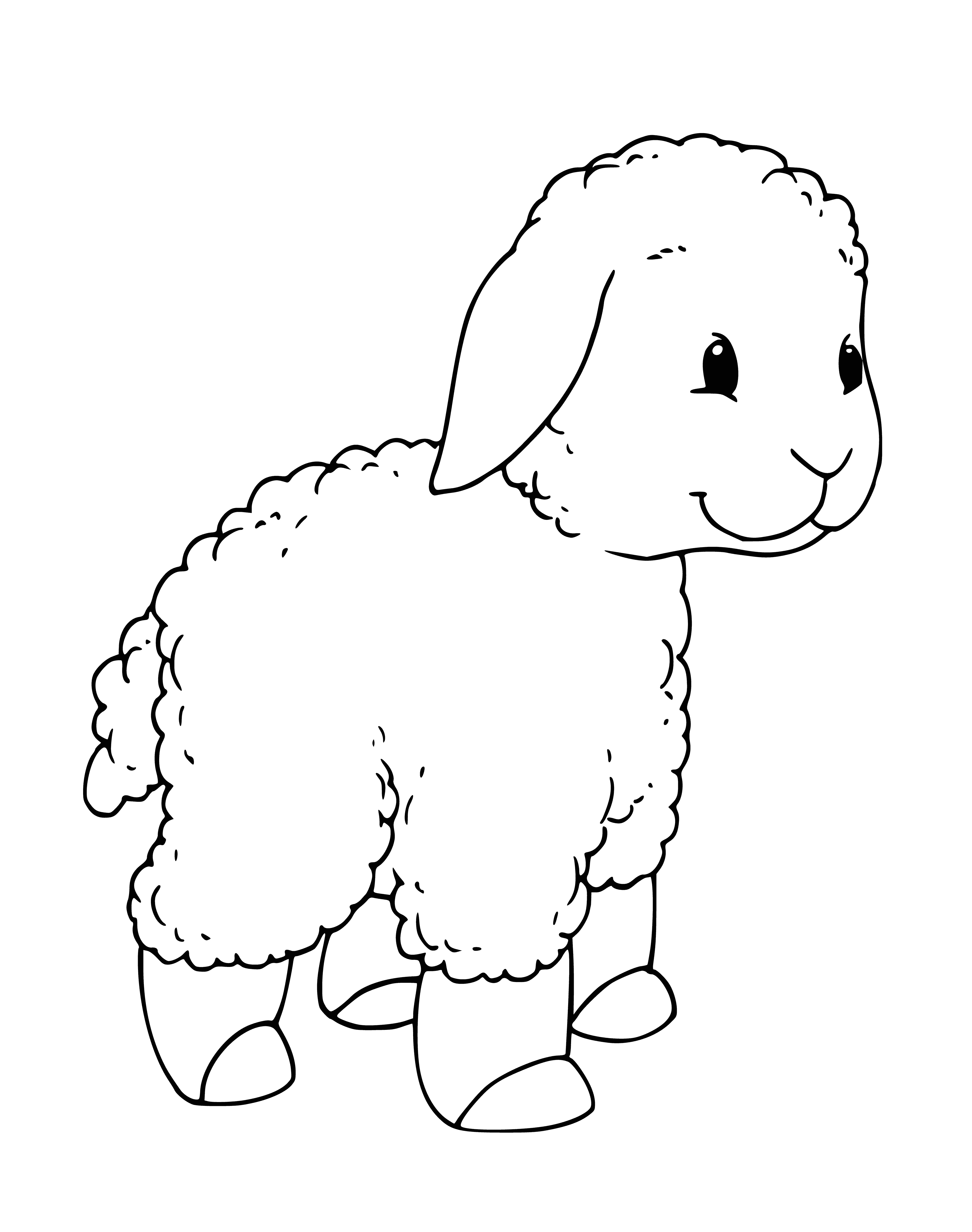 coloring page: Mother sheep and her lamb grazing happily, the sweet lamb looking up at its mama with big black eyes and fluffy white fur.