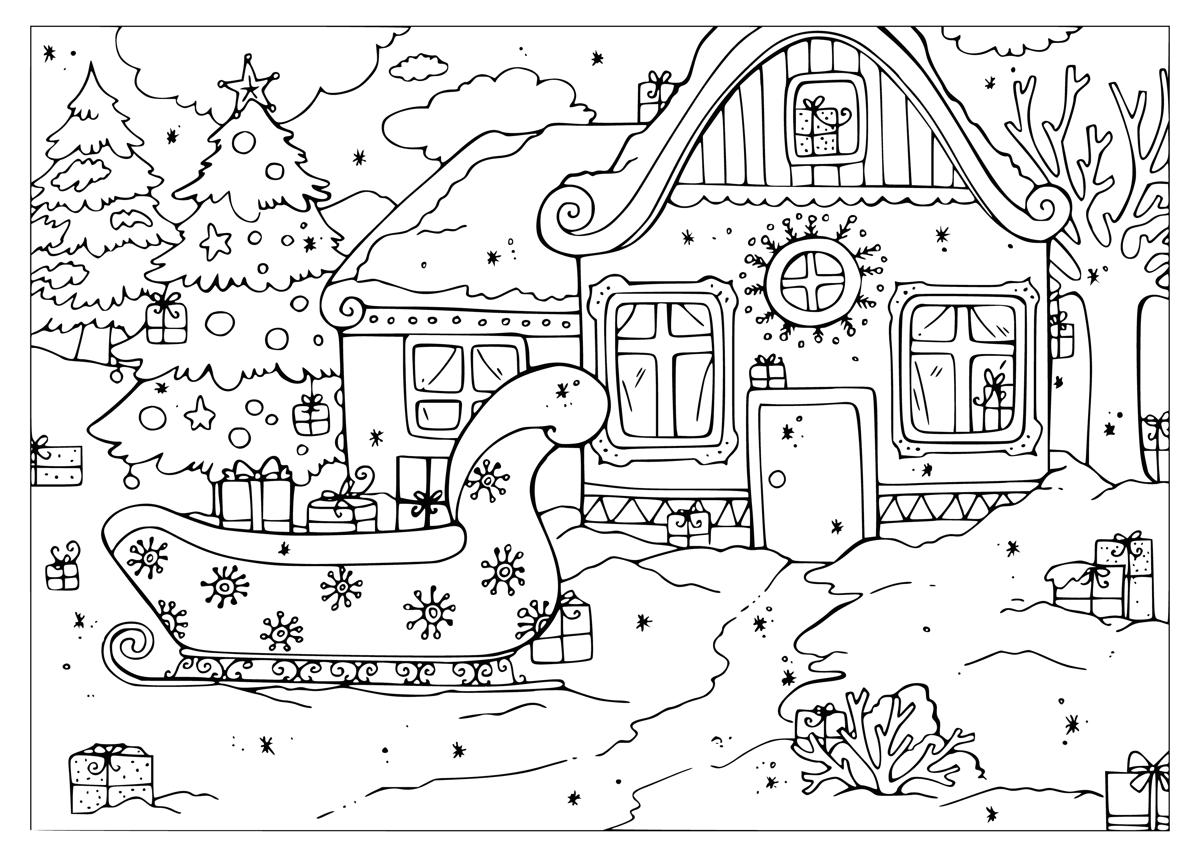 coloring page: Santa Clause is leaving his hut with a sack of presents. Snow is falling, and a tree and presents are in front of the hut. He has whiskers, a red coat and hat.