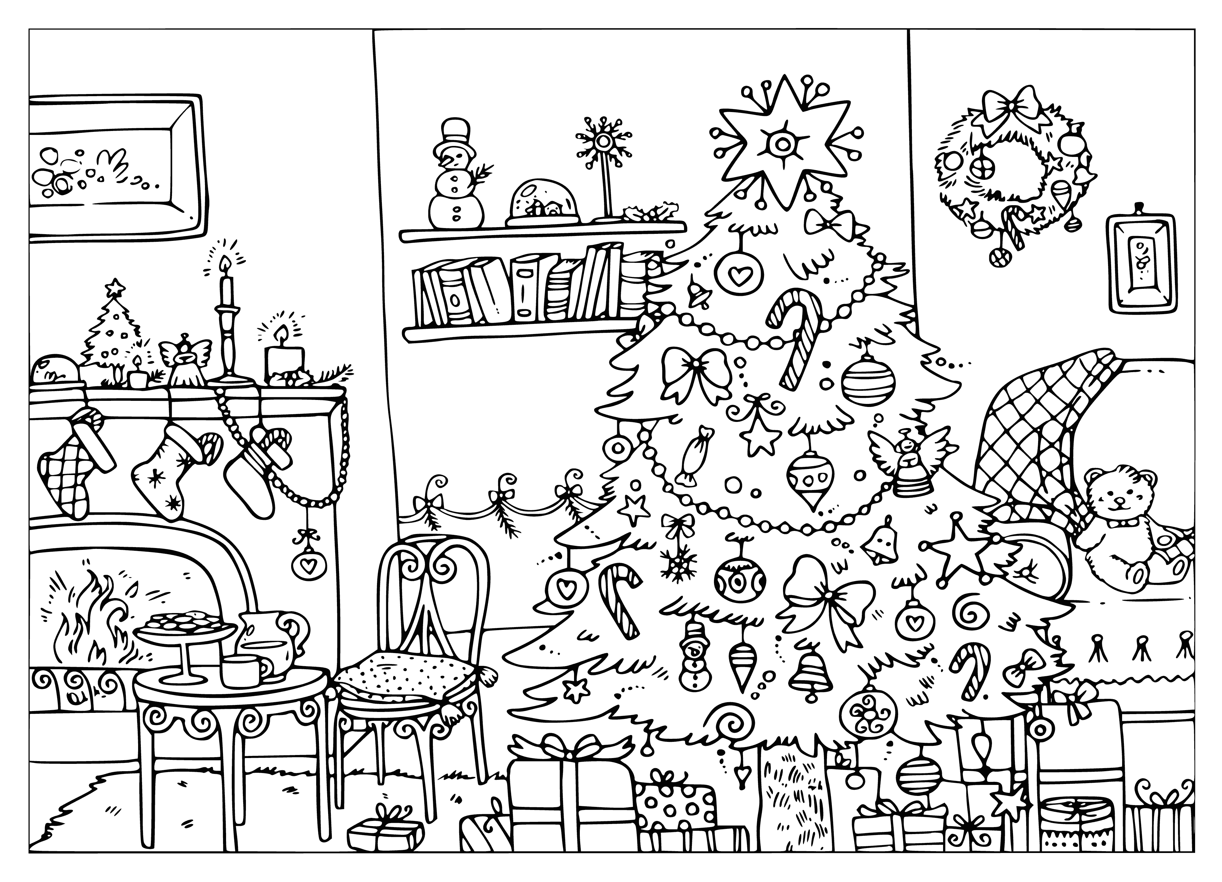 coloring page: Coloring page of a Christmas tree: green w/brn trunk, yellow/red bulbs, & a blue star on top. #Christmas #Coloring #FamilyFun