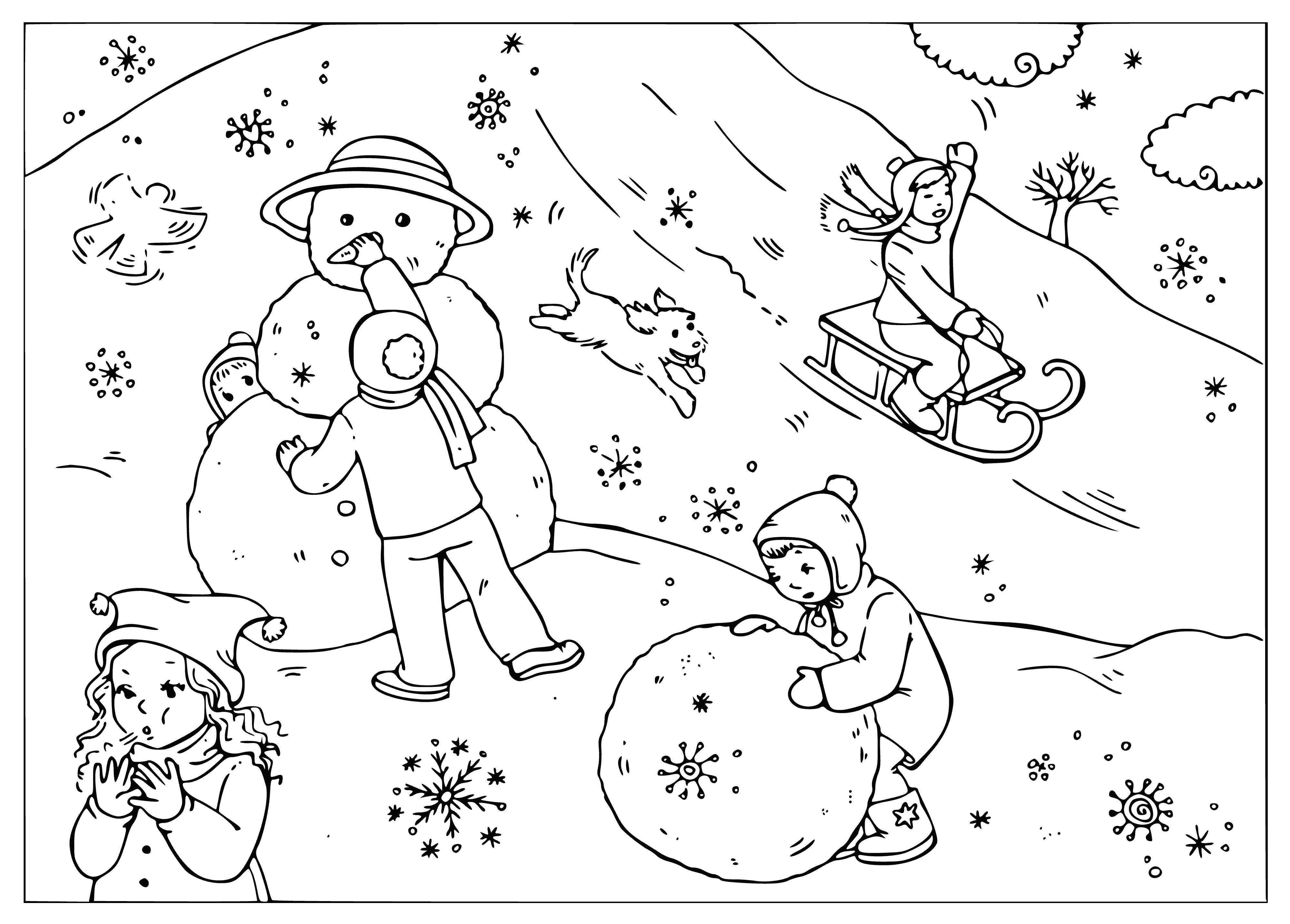 coloring page: -> Kids playing in the snow--building a snowman & having a snowball fight!