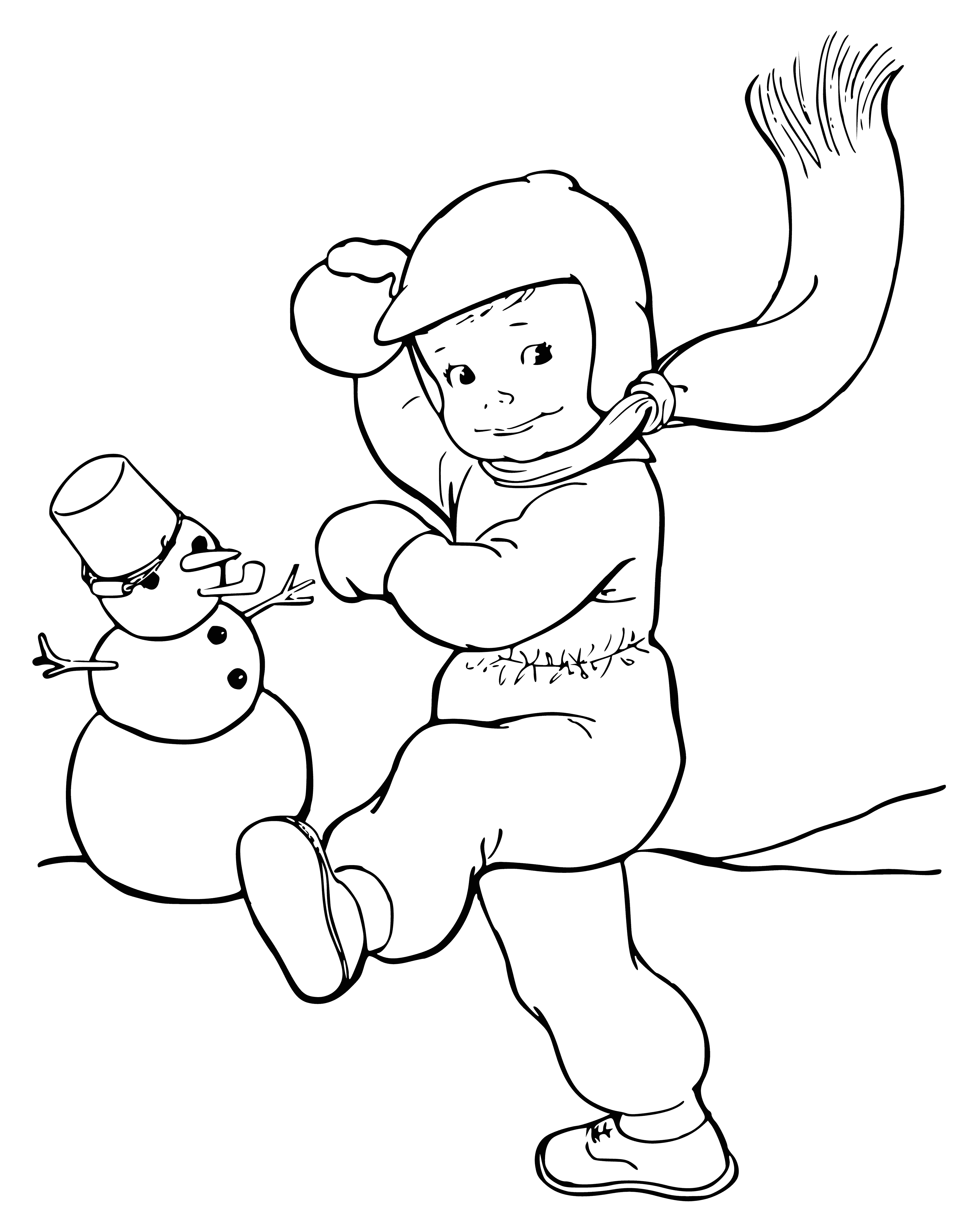 coloring page: Boy in heavy coat throws snowball in snow-filled landscape. Scarf and hat keep him warm.