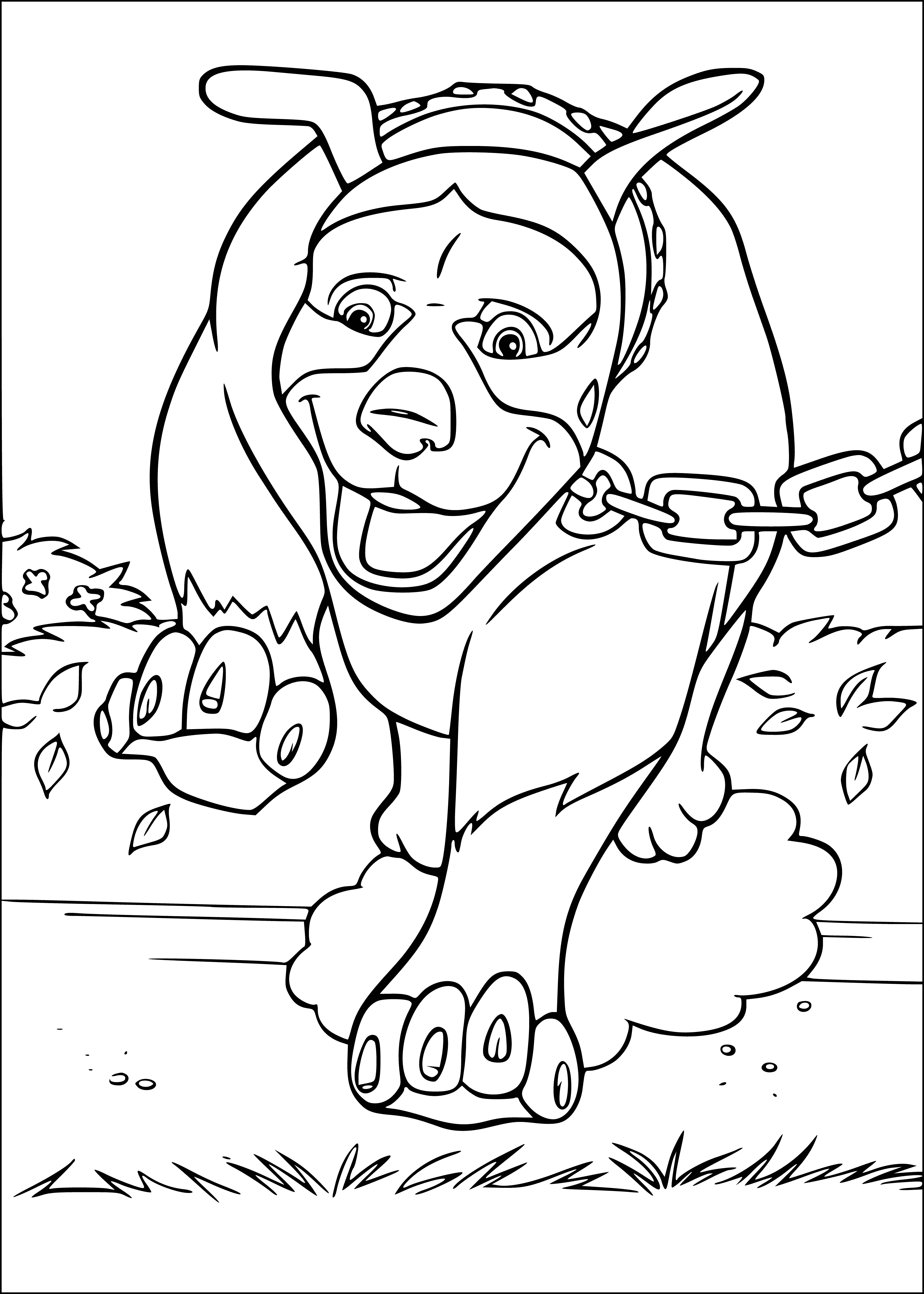 coloring page: Big dog in grassy field, brown and white, standing with a tree behind. #coloringpage
