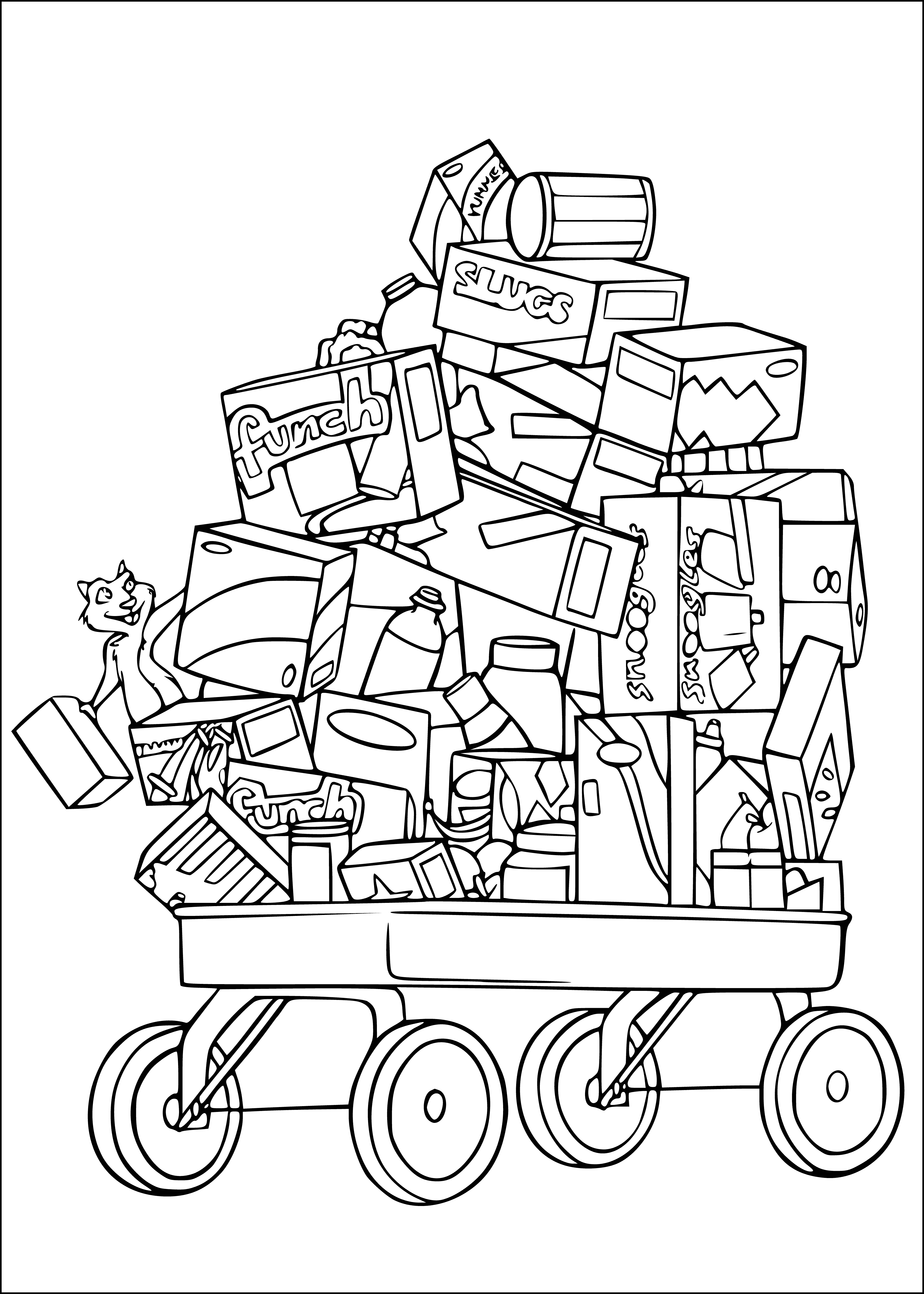 coloring page: A trolley filled with food, including fruit & veg, is featured in a coloring page titled "Over the Hedge - Food Trolley".