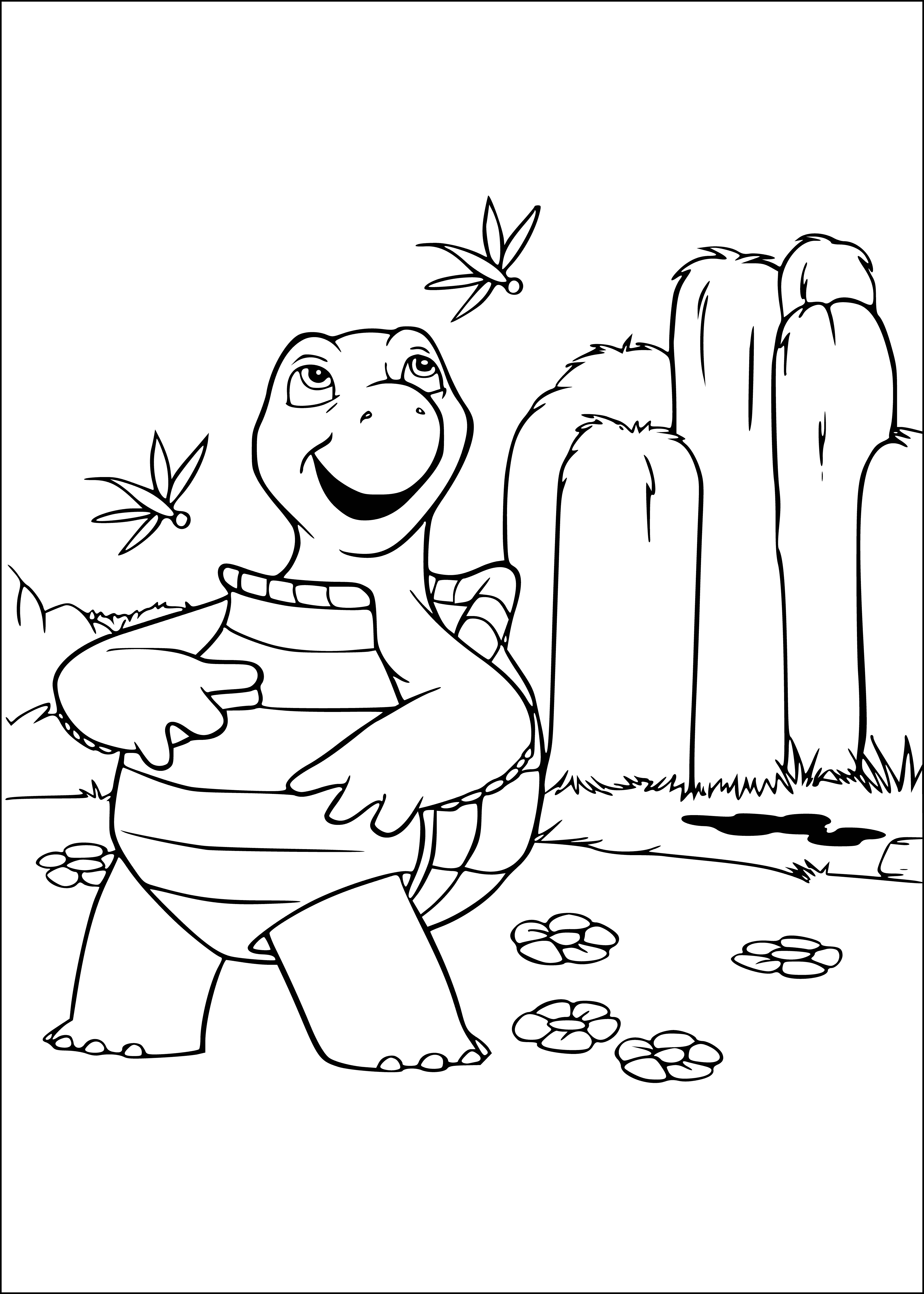 coloring page: A small scaly green reptile perched atop a large brown rock looks ahead with its small eyes.